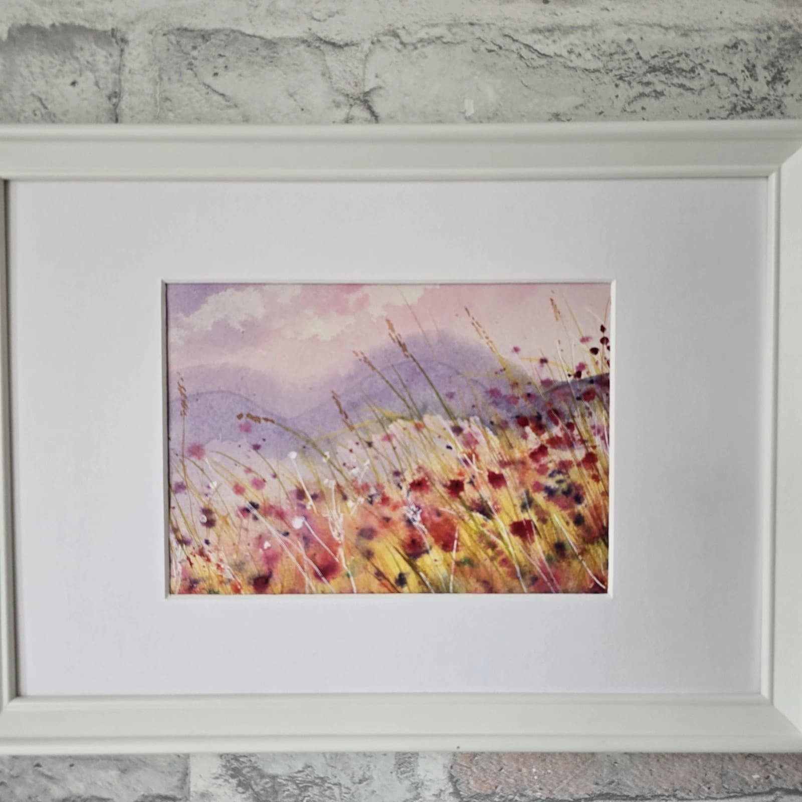 Small Landscape Hills Wildflowers Sunny Watercolour Painting Framed thumbnail 5