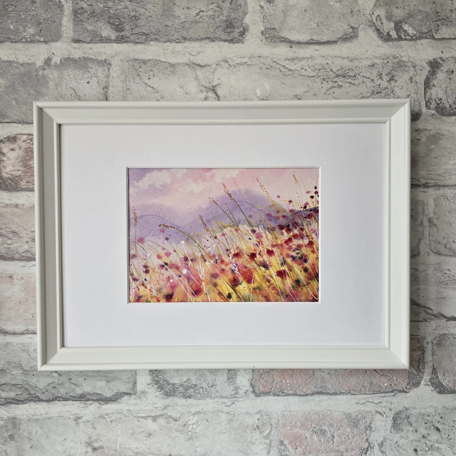 Small Landscape Hills Wildflowers Sunny Watercolour Painting Framed thumbnail 8