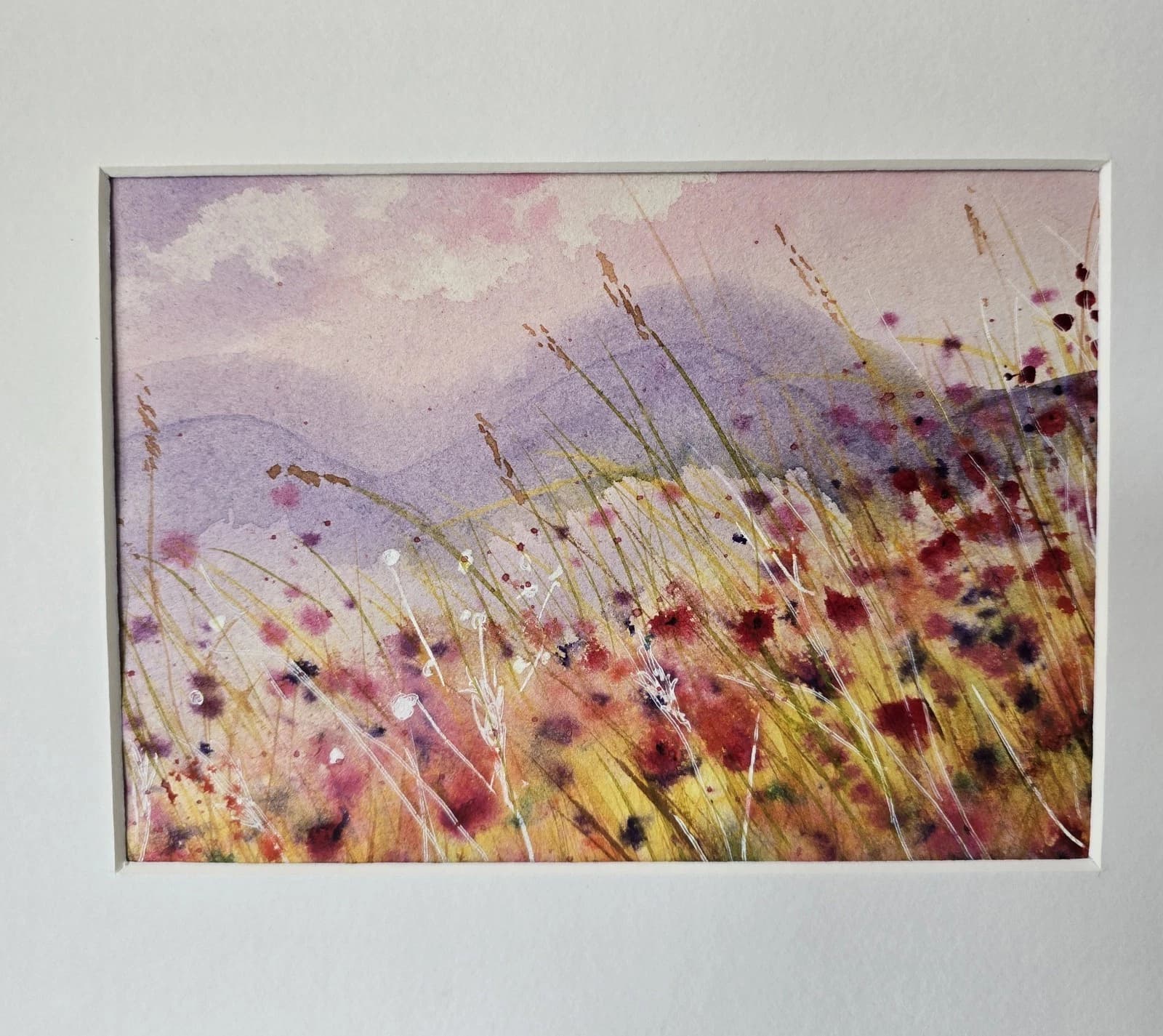 Small Landscape Hills Wildflowers Sunny Watercolour Painting Framed thumbnail 9
