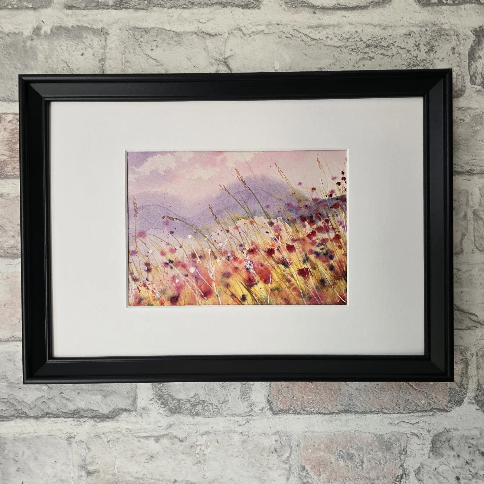 Small Landscape Hills Wildflowers Sunny Watercolour Painting Framed