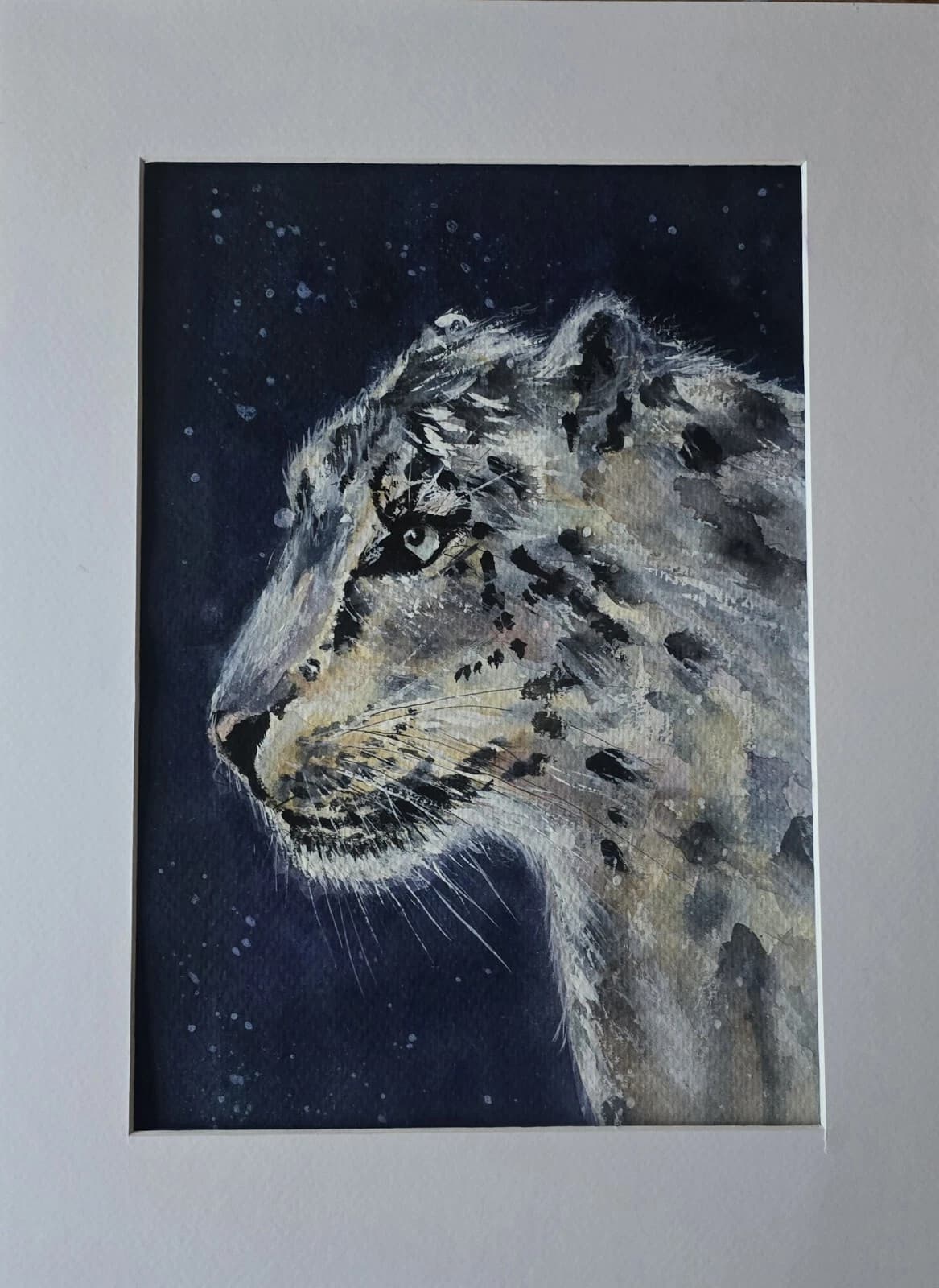 Snow Leopard Dramatic Watercolour Painting Framed thumbnail 2