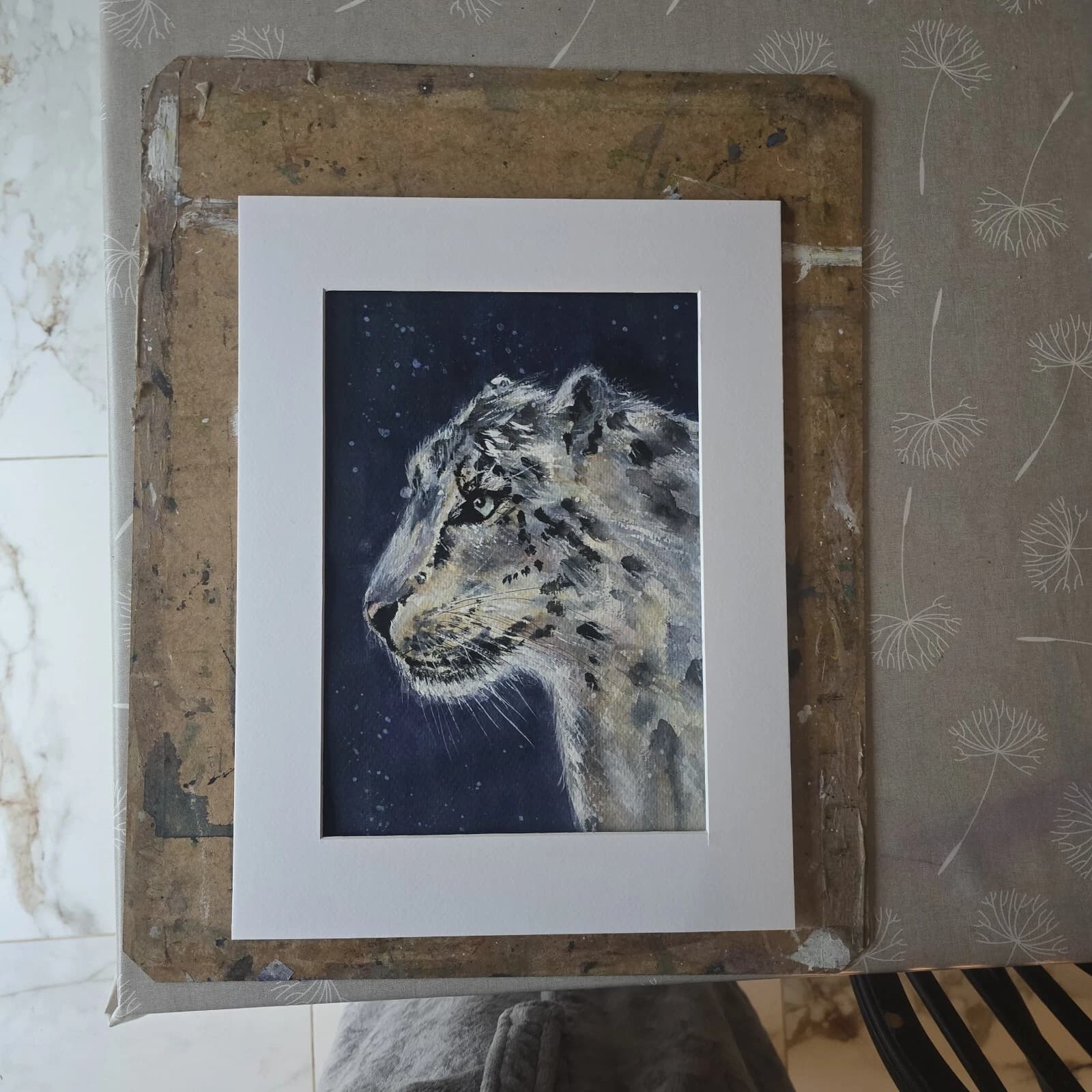 Snow Leopard Dramatic Watercolour Painting Framed thumbnail 3