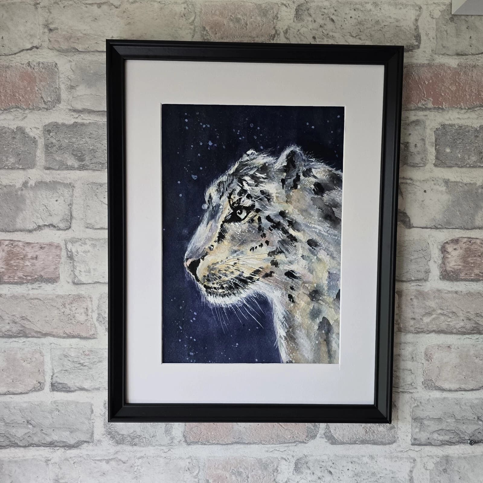 Snow Leopard Dramatic Watercolour Painting Framed thumbnail 4