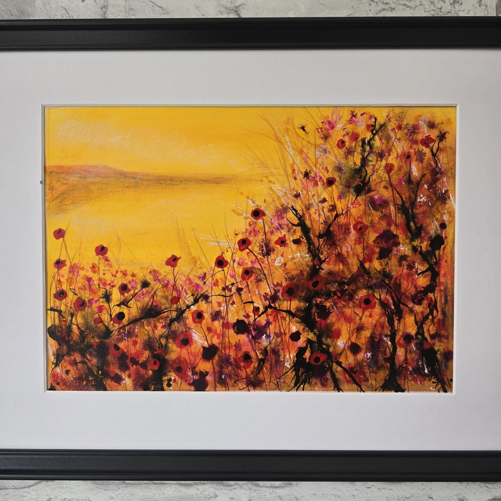 Sunset Coastal Floral Landscape Ink/Water Painting Contemporary Framed