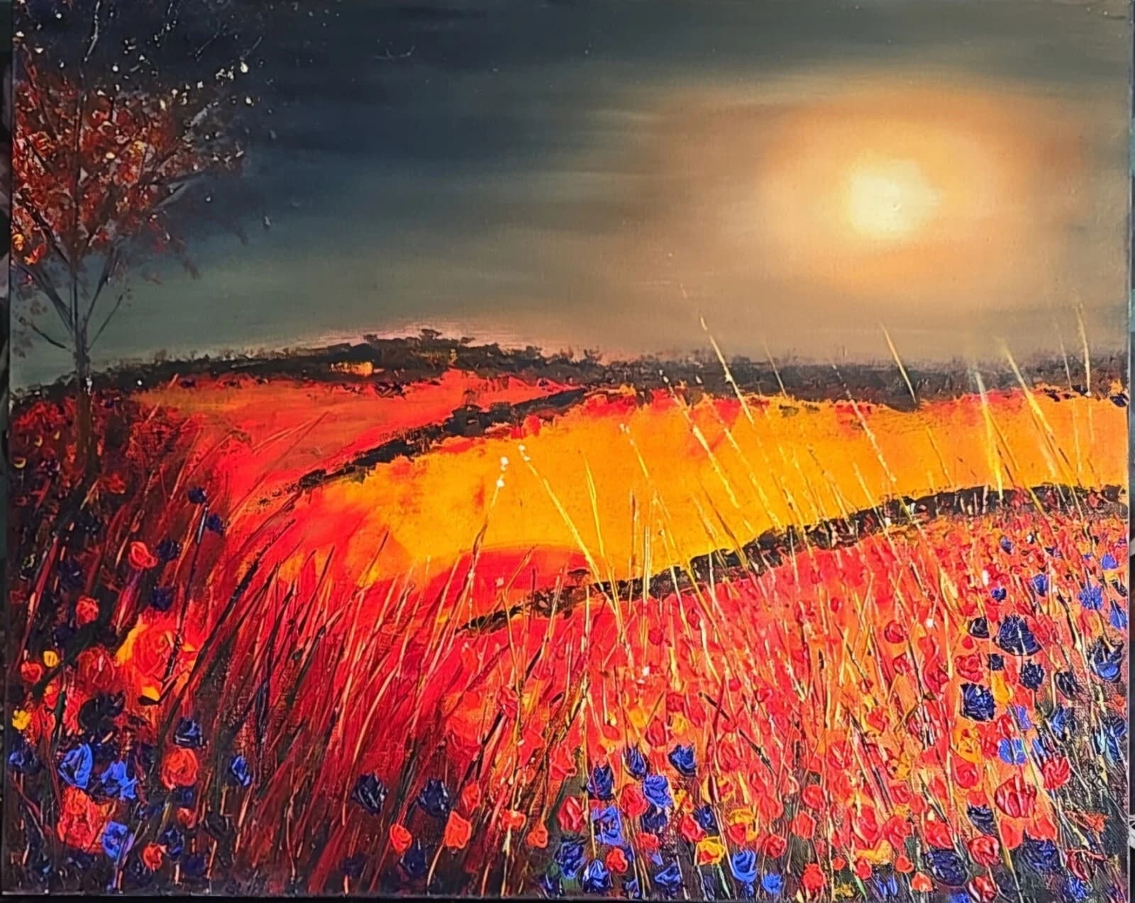 Sunset, Floral, Tree, Landscape, Contemporary Painting