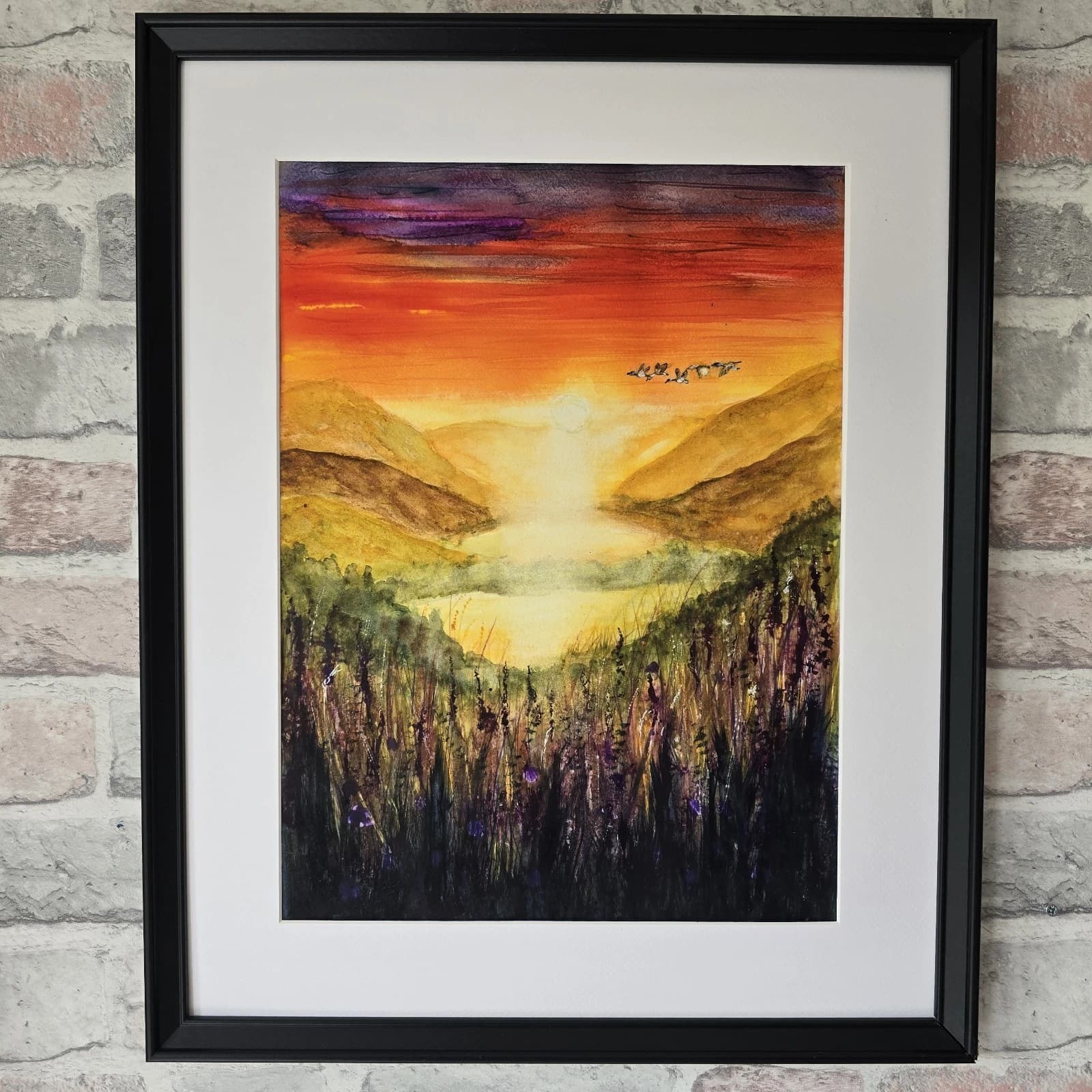 Sunset Highland Landscape Watercolour Painting Birds Framed thumbnail 2