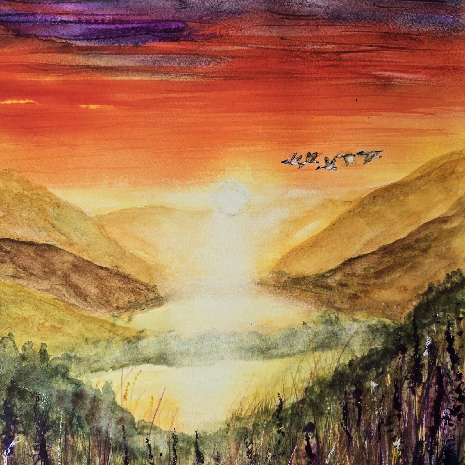 Sunset Highland Landscape Watercolour Painting Birds Framed thumbnail 11