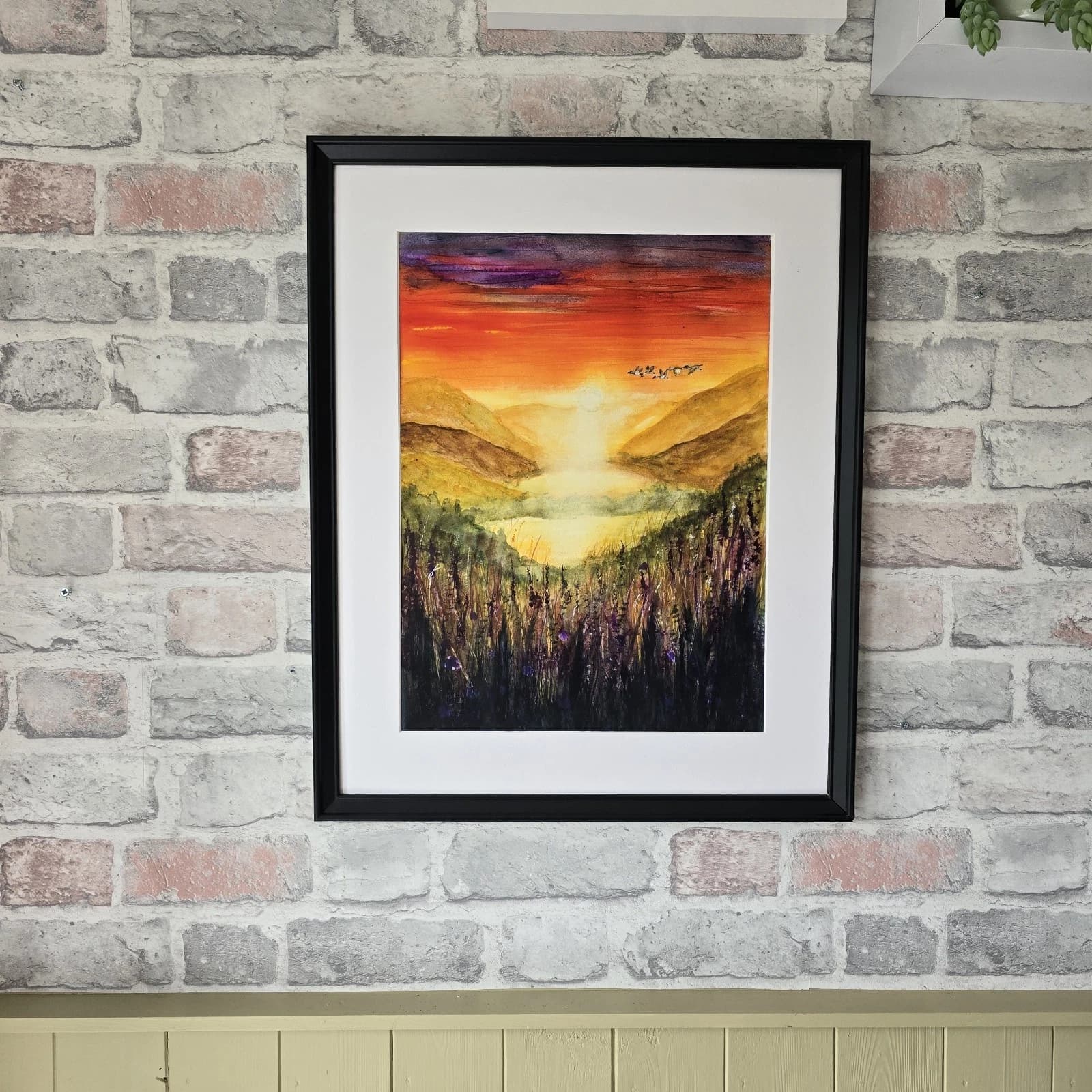 Sunset Highland Landscape Watercolour Painting Birds Framed thumbnail 3