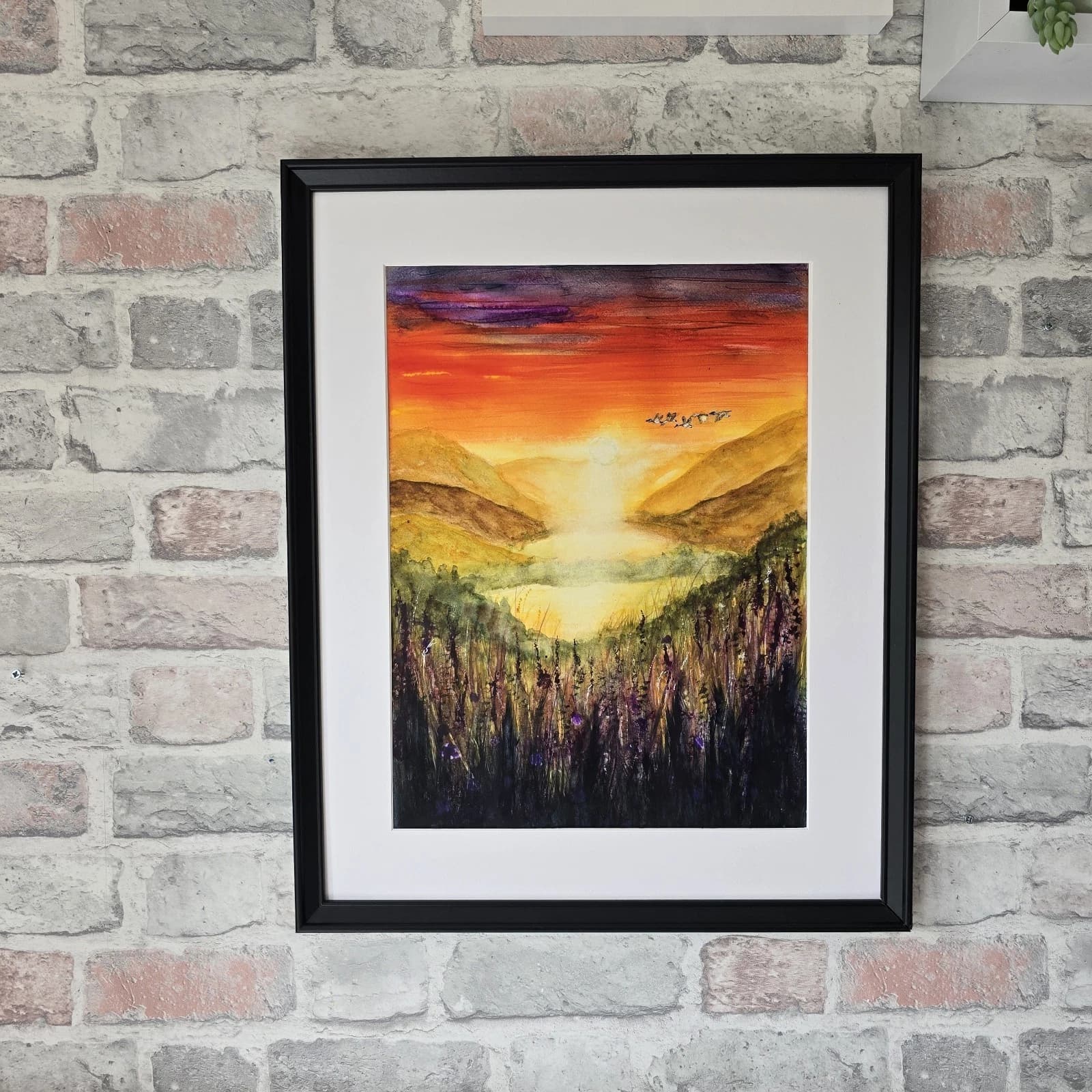 Sunset Highland Landscape Watercolour Painting Birds Framed thumbnail 4