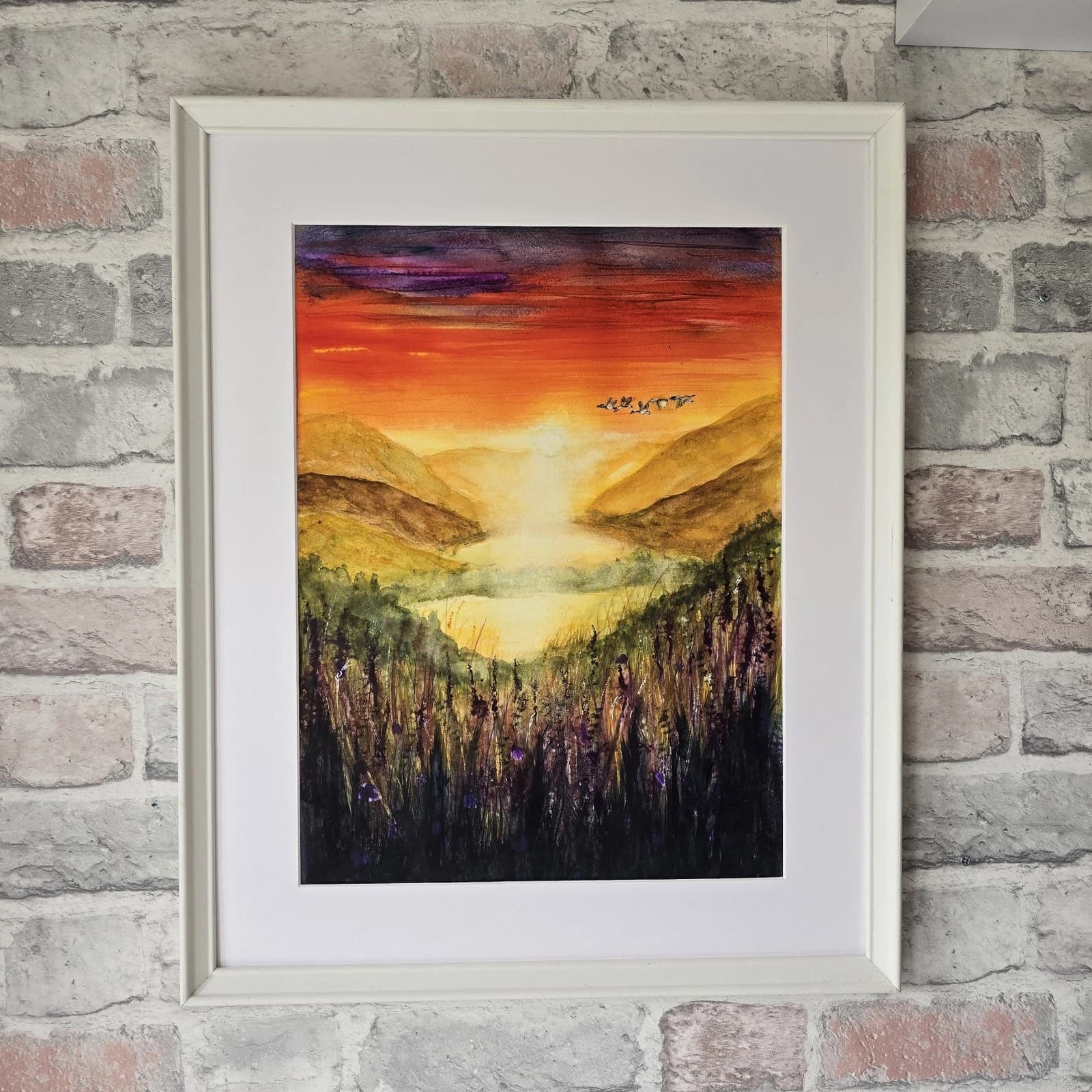 Sunset Highland Landscape Watercolour Painting Birds Framed thumbnail 6