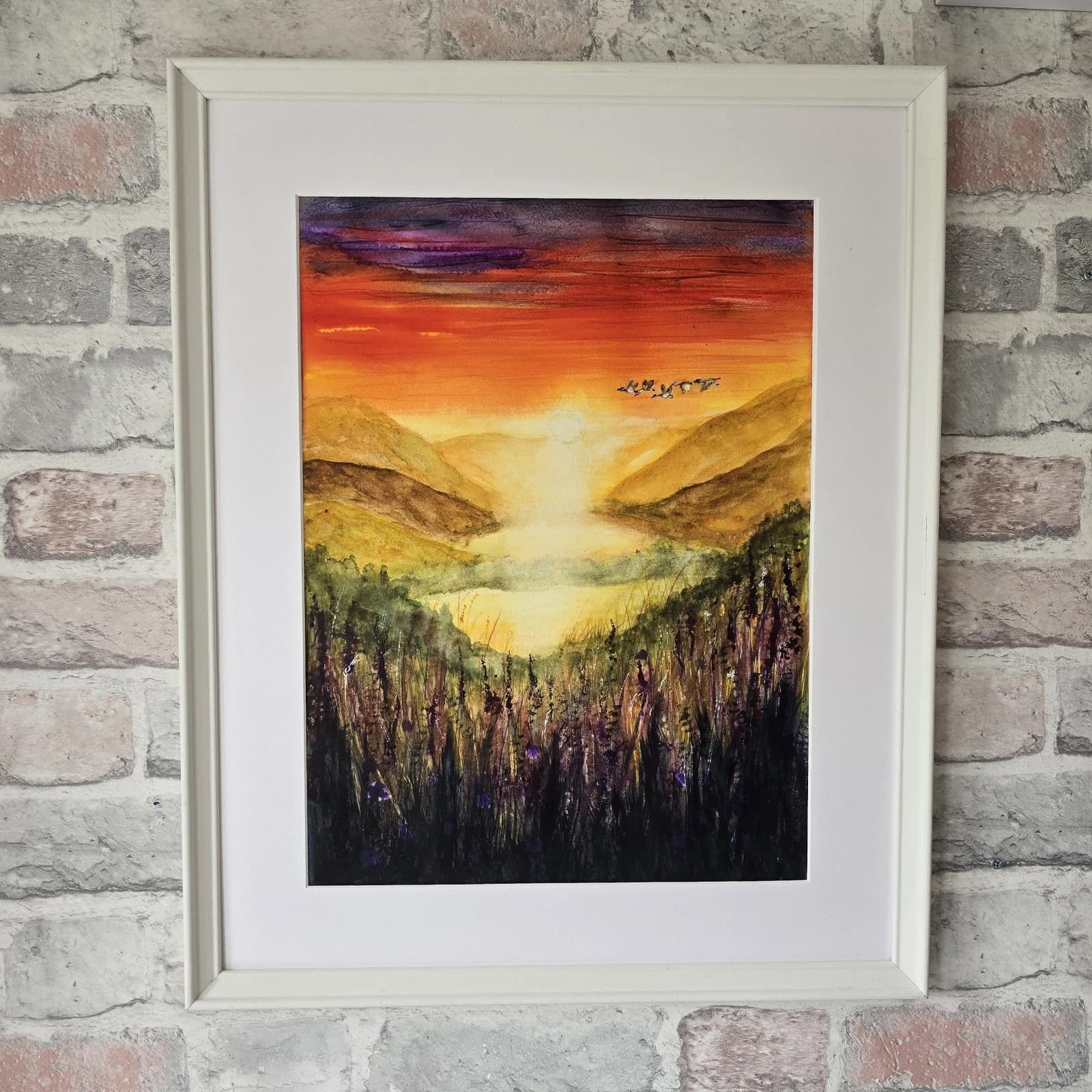 Sunset Highland Landscape Watercolour Painting Birds Framed thumbnail 9