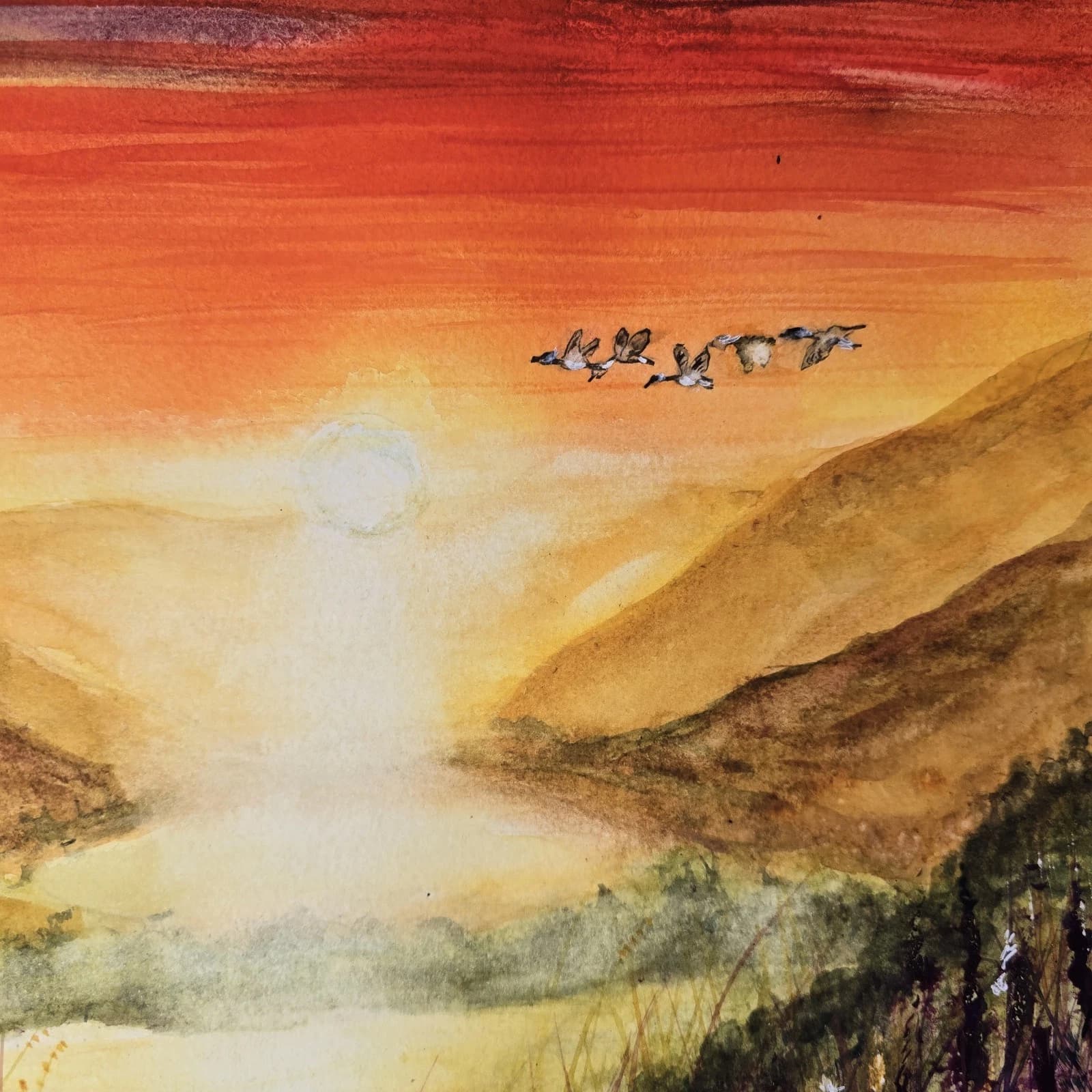 Sunset Highland Landscape Watercolour Painting Birds Framed thumbnail 10