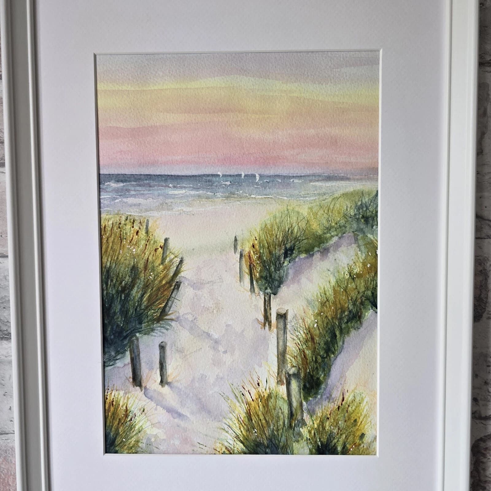 Watercolour Coastal Sunset Painting Framed Sand Dunes Gift thumbnail 2