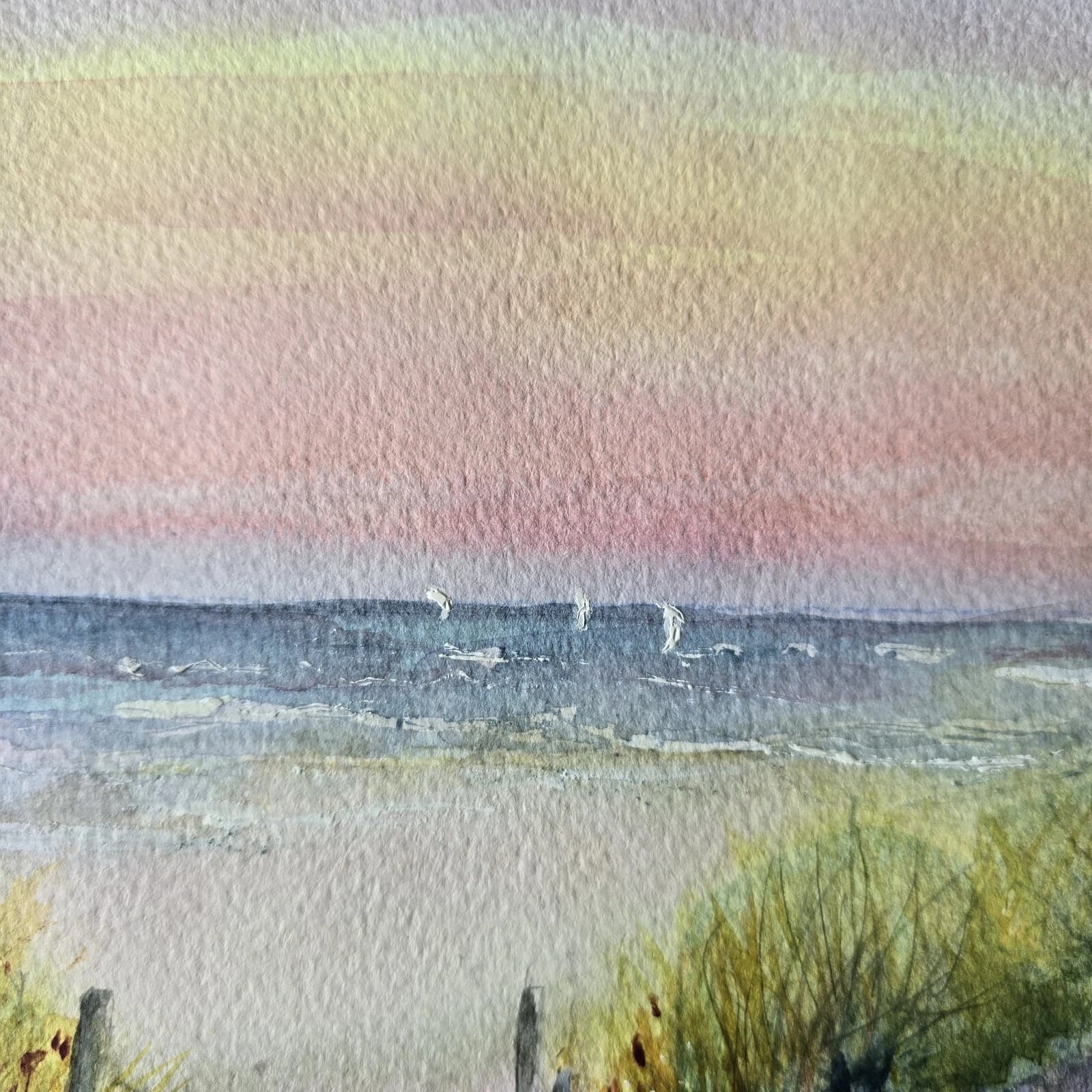 Watercolour Coastal Sunset Painting Framed Sand Dunes Gift thumbnail 11