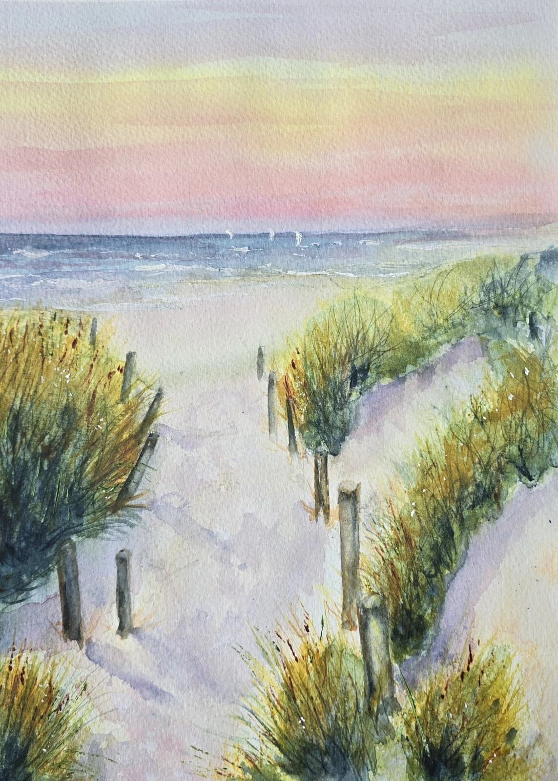 Watercolour Coastal Sunset Painting Framed Sand Dunes Gift thumbnail 12