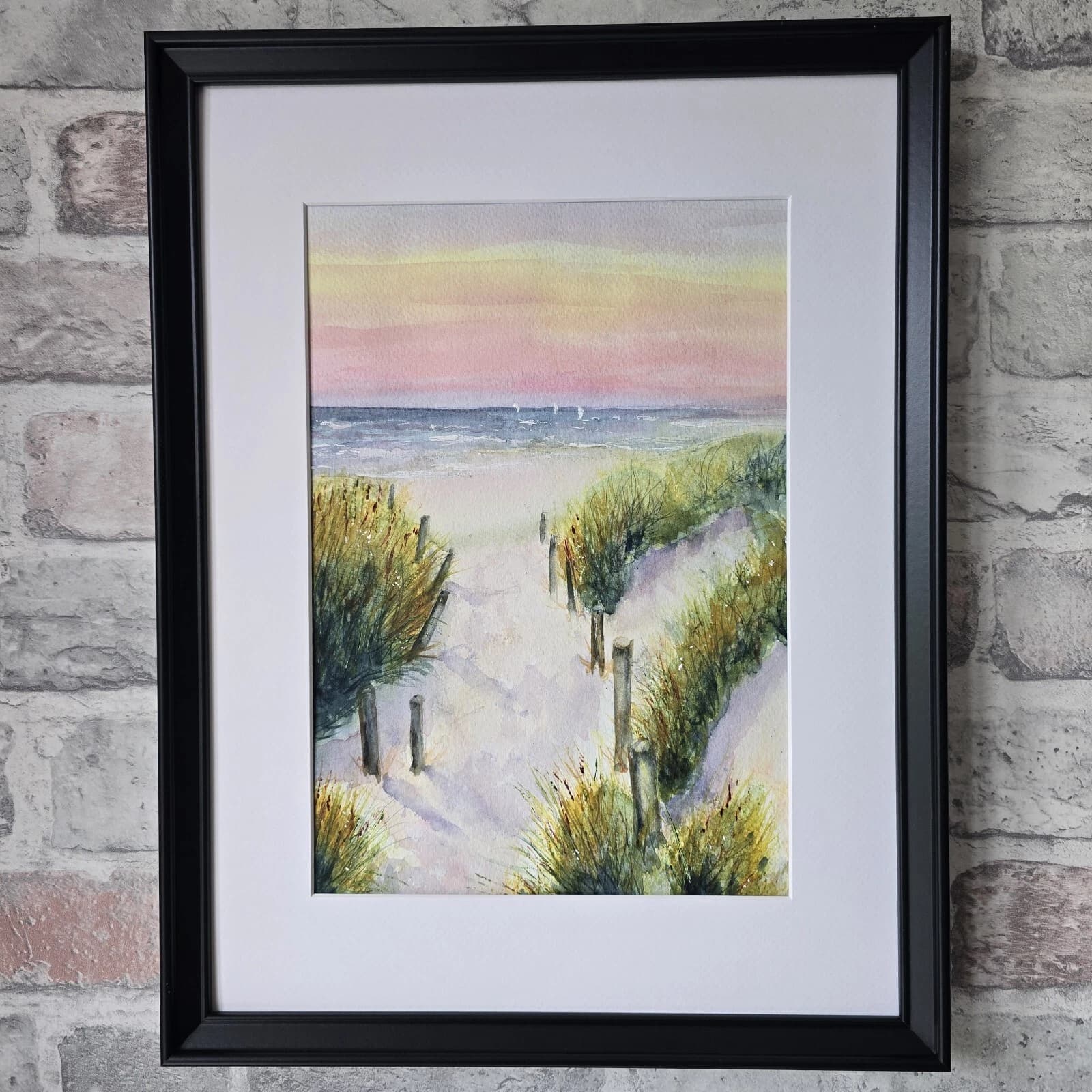 Watercolour Coastal Sunset Painting Framed Sand Dunes Gift thumbnail 3