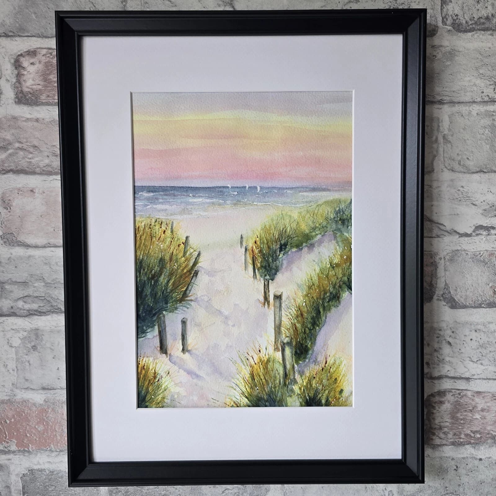 Watercolour Coastal Sunset Painting Framed Sand Dunes Gift thumbnail 5