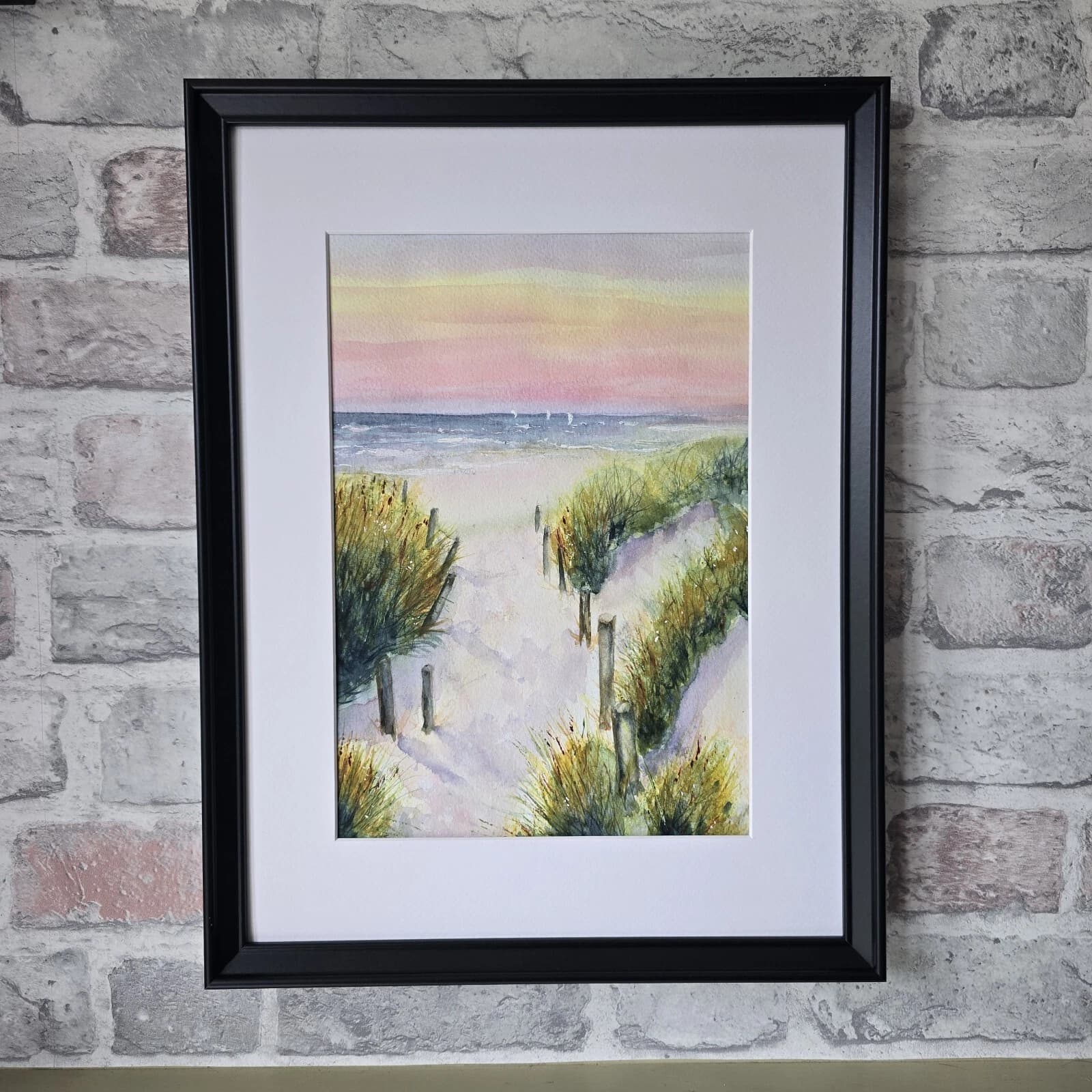Watercolour Coastal Sunset Painting Framed Sand Dunes Gift thumbnail 6