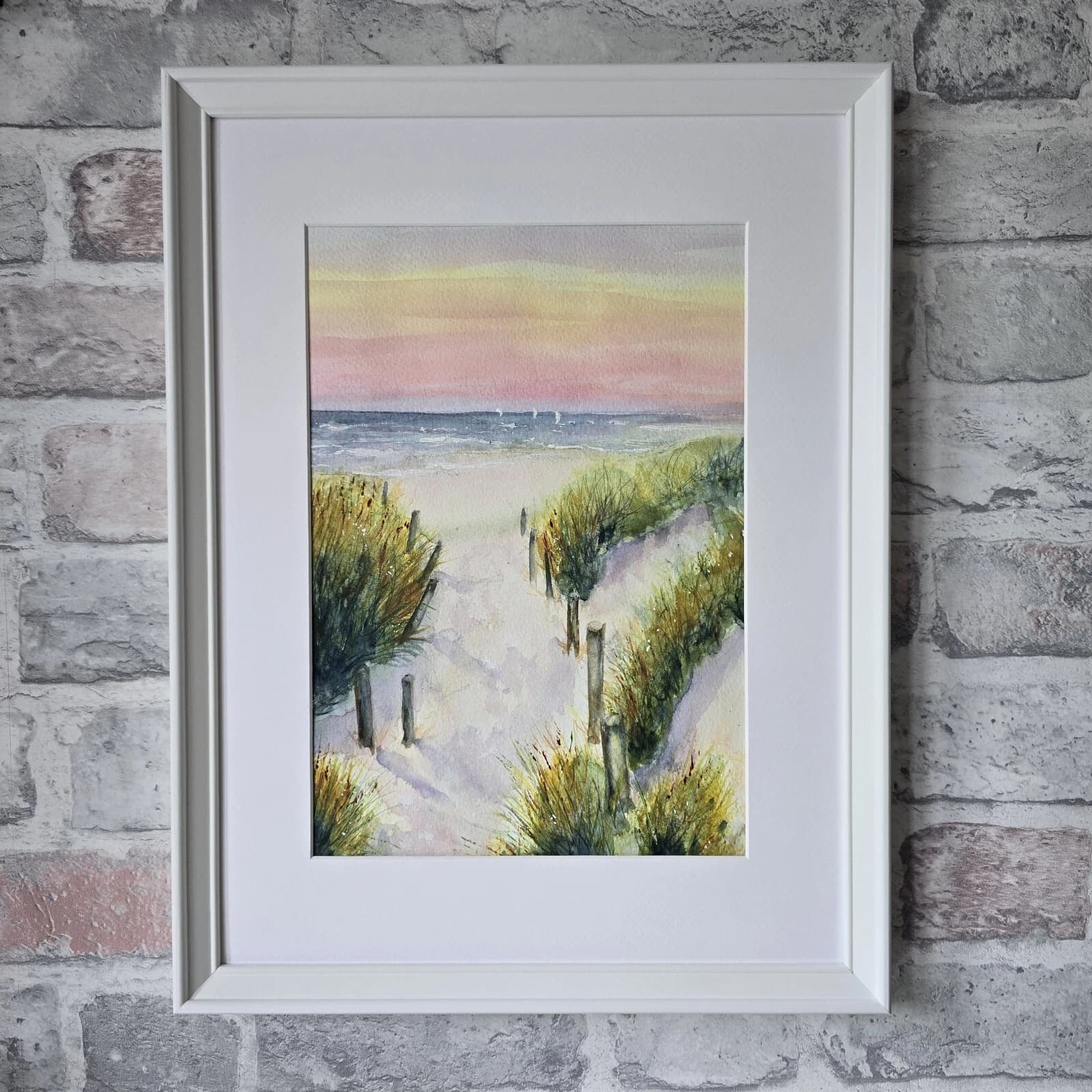 Watercolour Coastal Sunset Painting Framed Sand Dunes Gift thumbnail 8