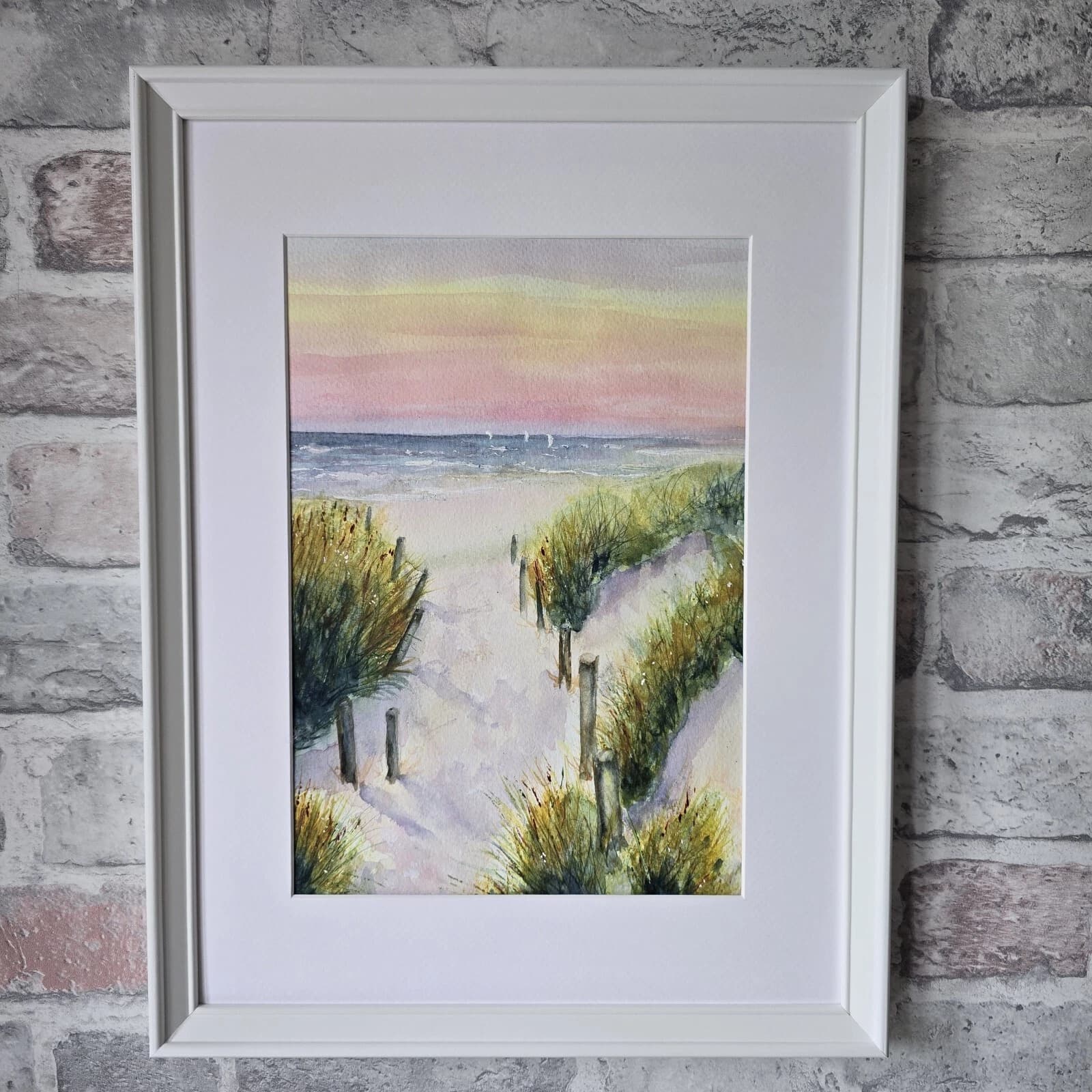 Watercolour Coastal Sunset Painting Framed Sand Dunes Gift thumbnail 9