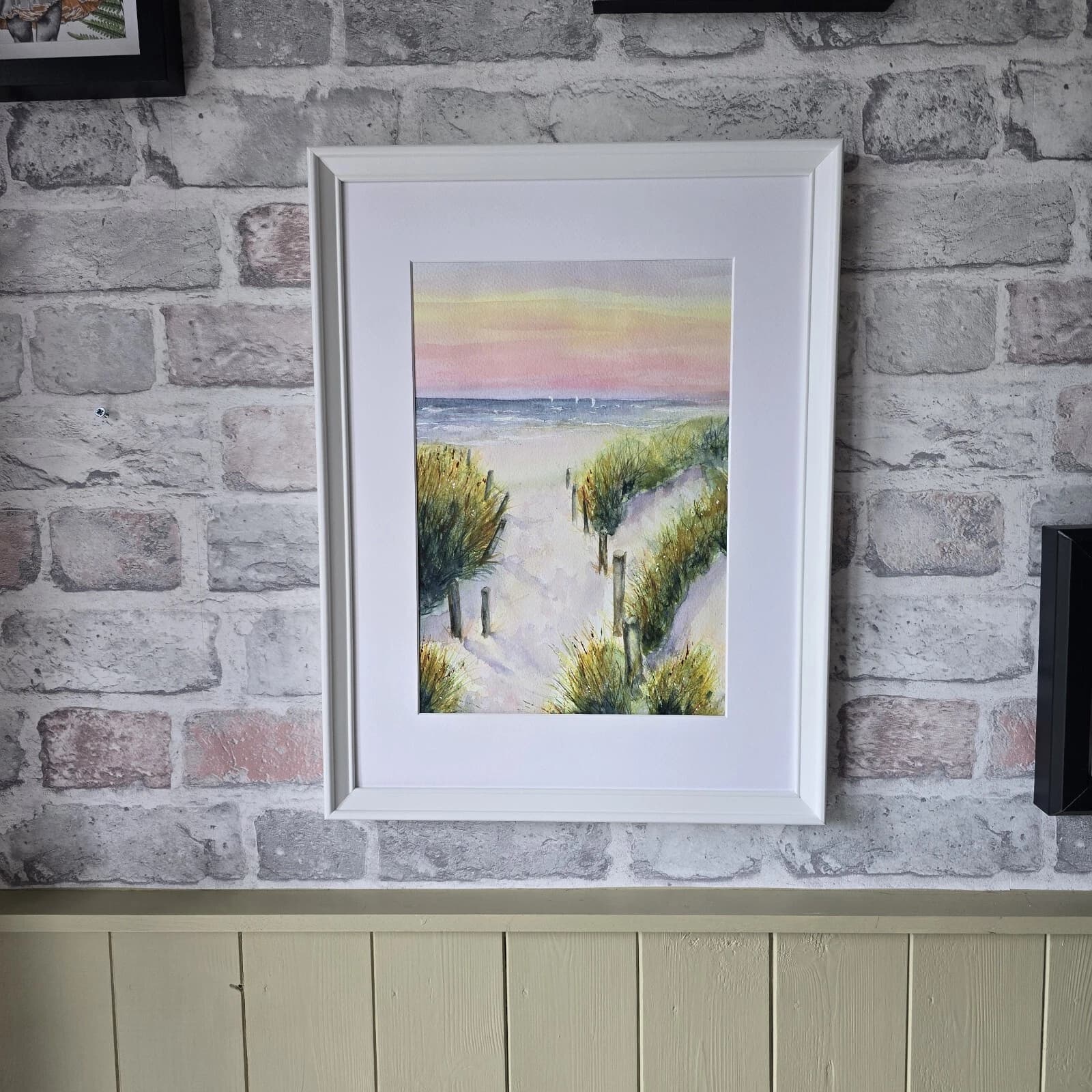 Watercolour Coastal Sunset Painting Framed Sand Dunes Gift thumbnail 10