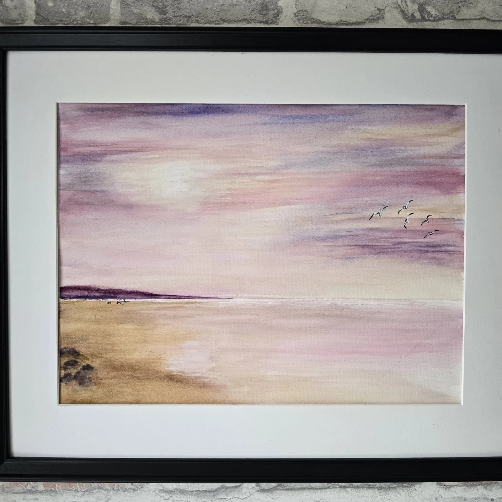 Watercolour Coastal Sunset Painting Framed Soft Shades Pink Gift thumbnail 2