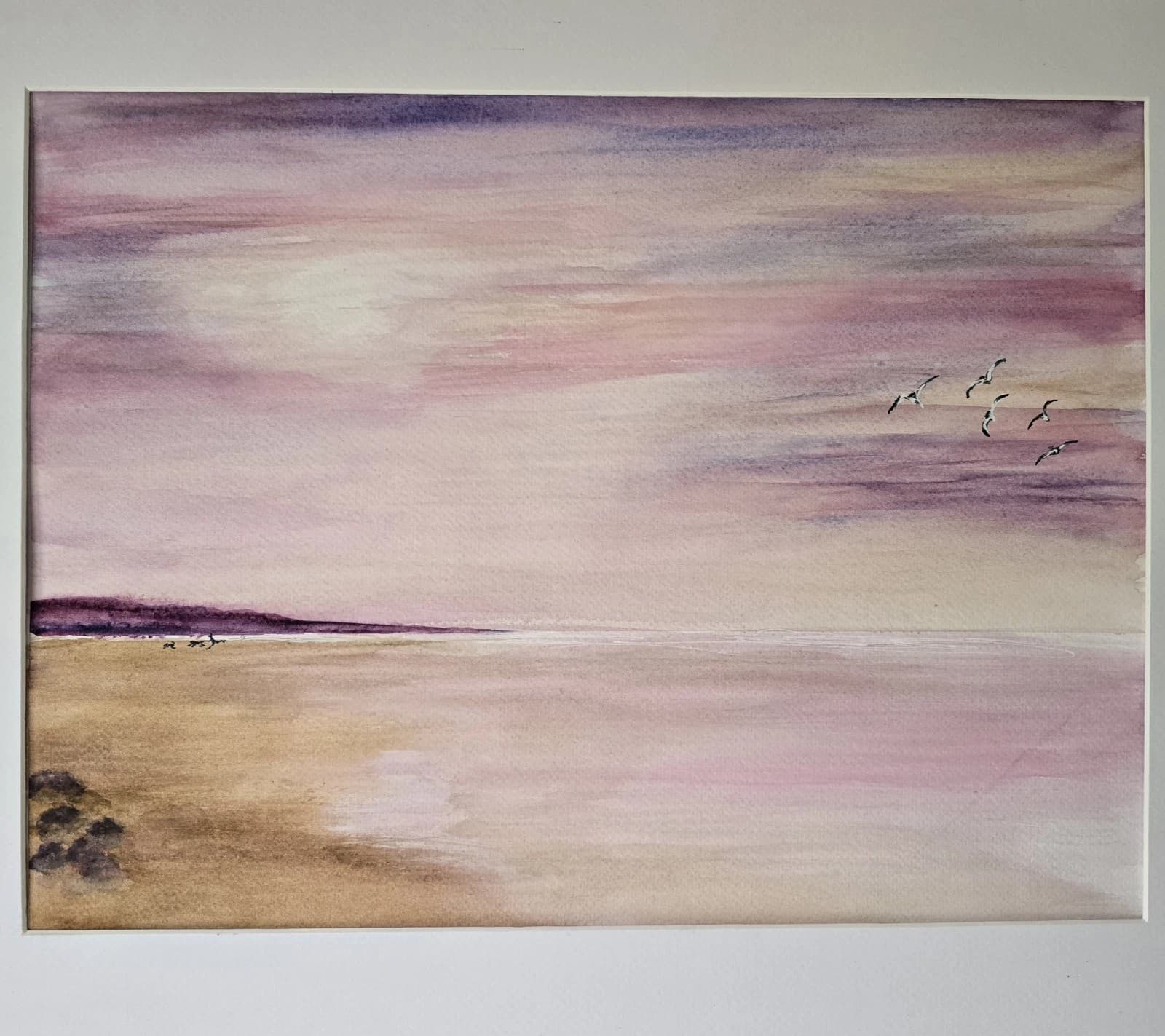 Watercolour Coastal Sunset Painting Framed Soft Shades Pink Gift thumbnail 11