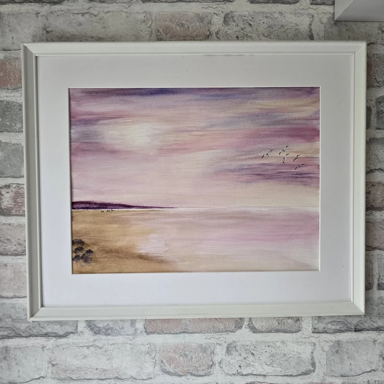 Watercolour Coastal Sunset Painting Framed Soft Shades Pink Gift thumbnail 13