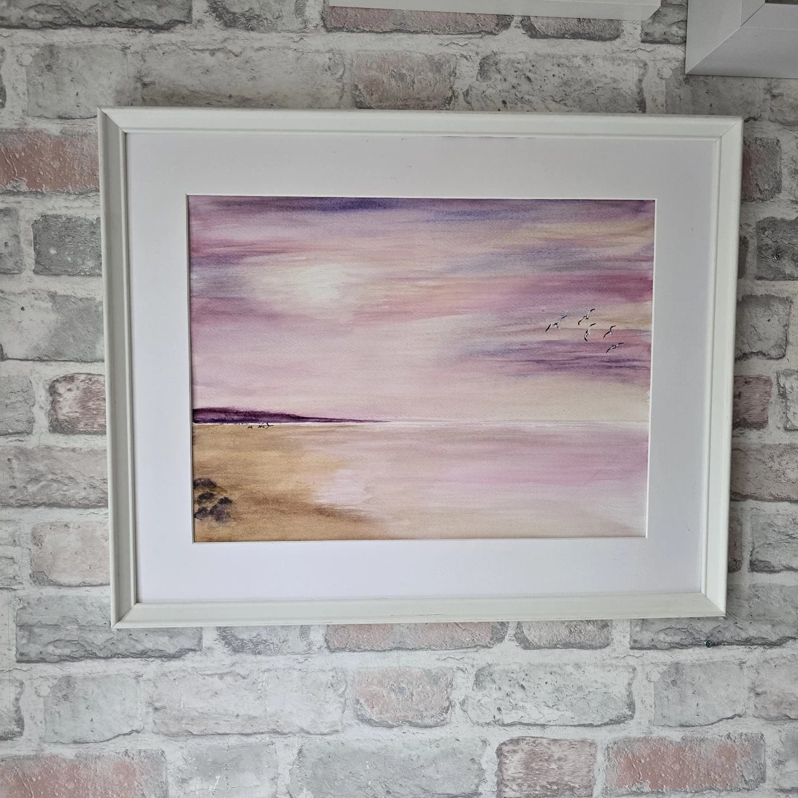 Watercolour Coastal Sunset Painting Framed Soft Shades Pink Gift thumbnail 14