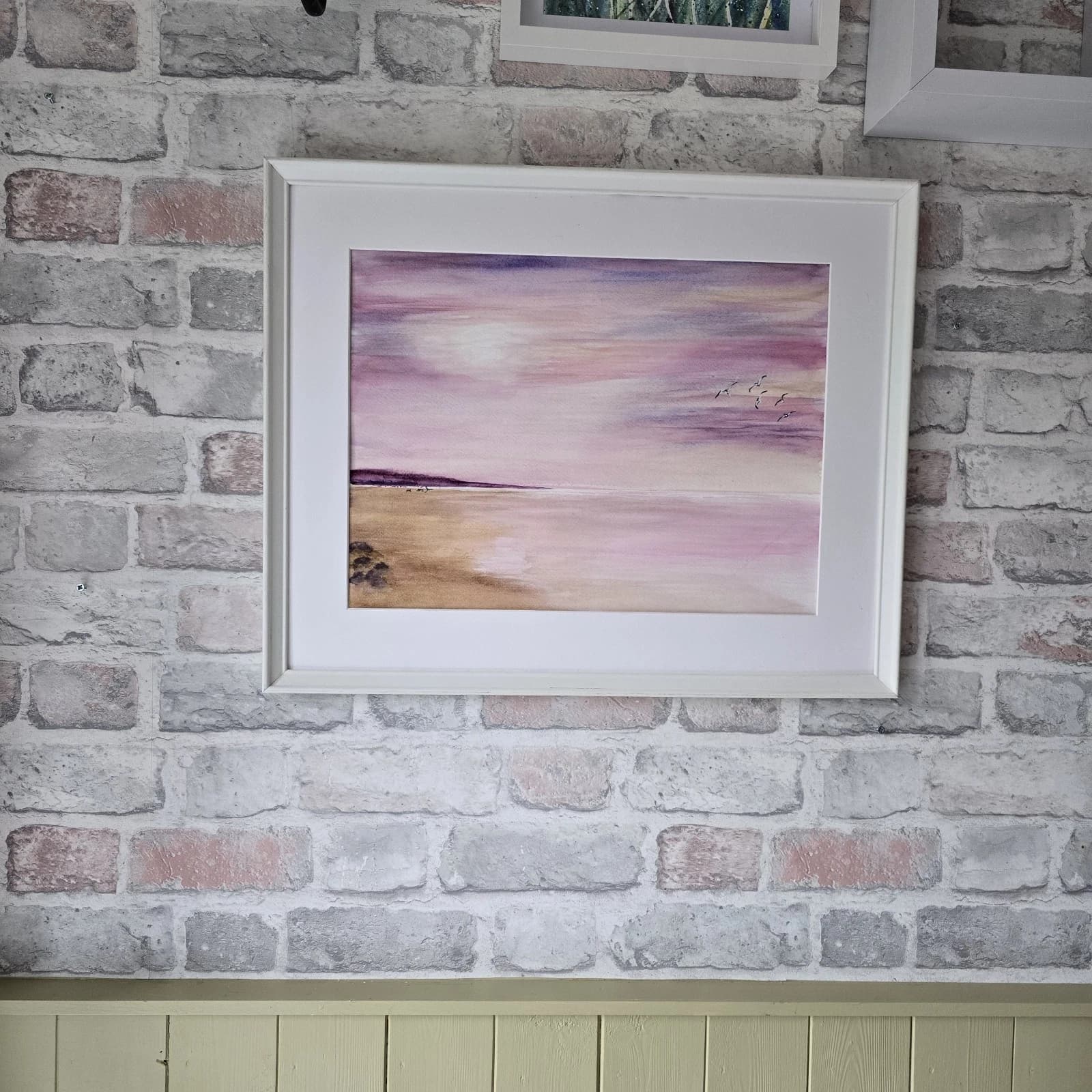 Watercolour Coastal Sunset Painting Framed Soft Shades Pink Gift thumbnail 15