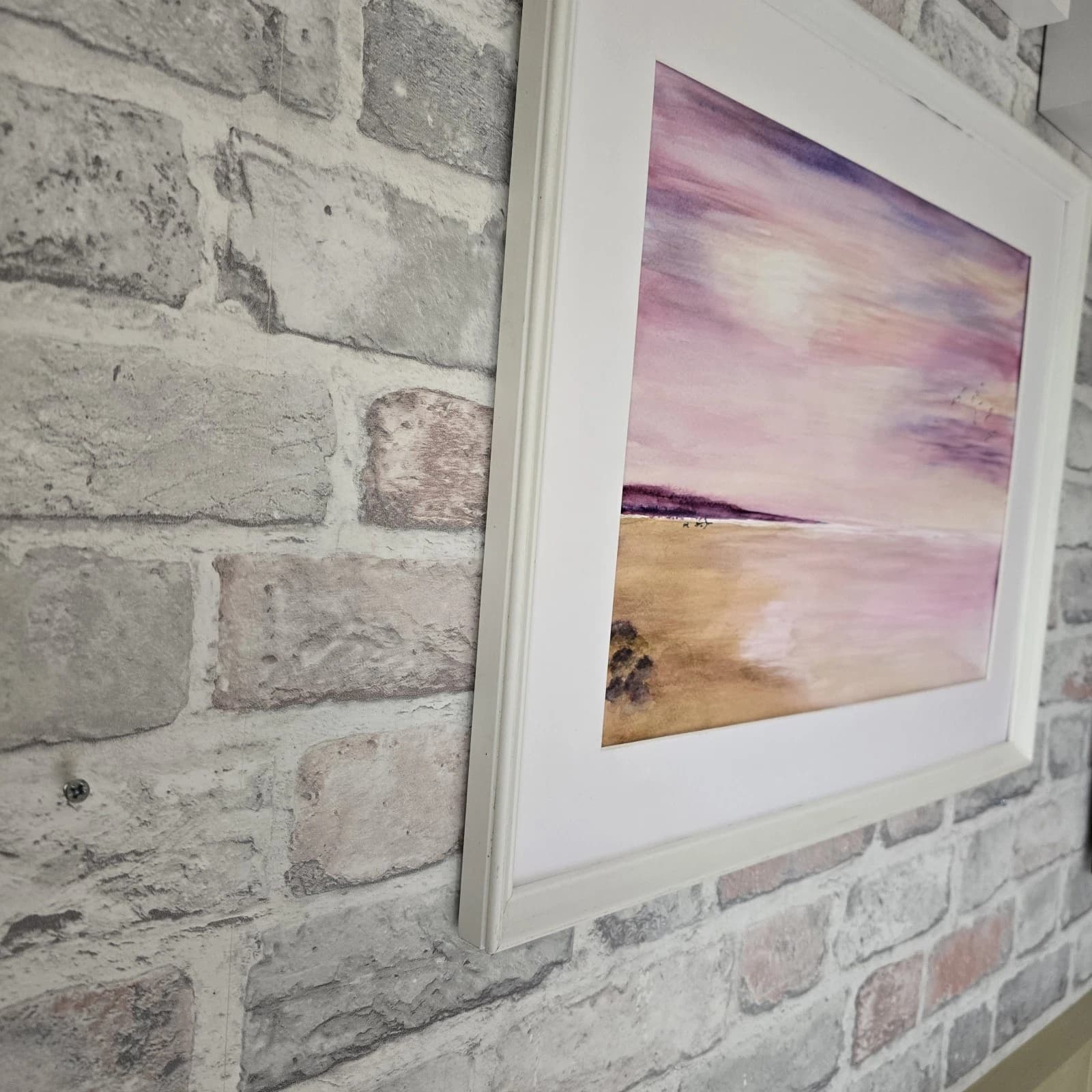 Watercolour Coastal Sunset Painting Framed Soft Shades Pink Gift thumbnail 16