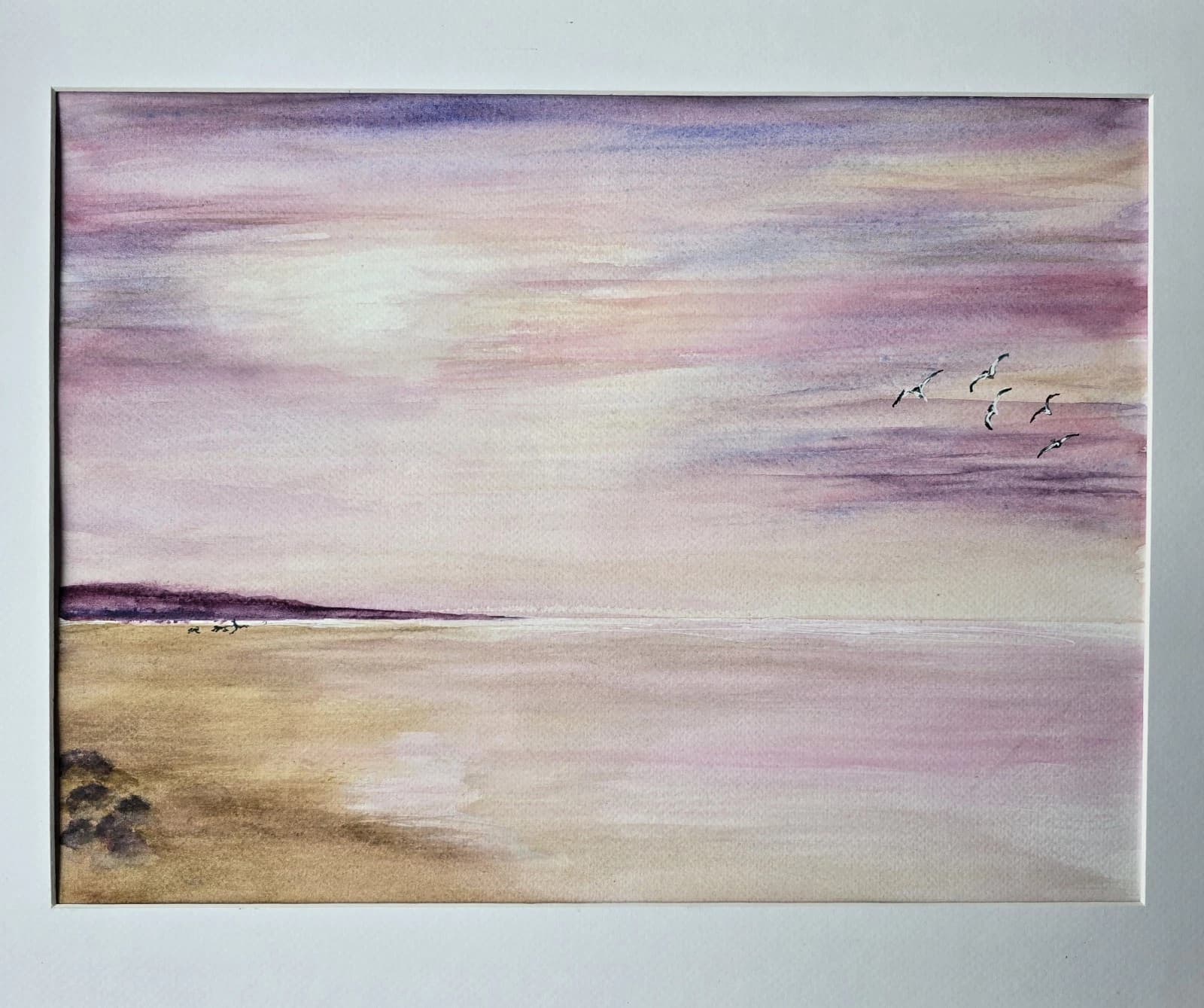 Watercolour Coastal Sunset Painting Framed Soft Shades Pink Gift thumbnail 17