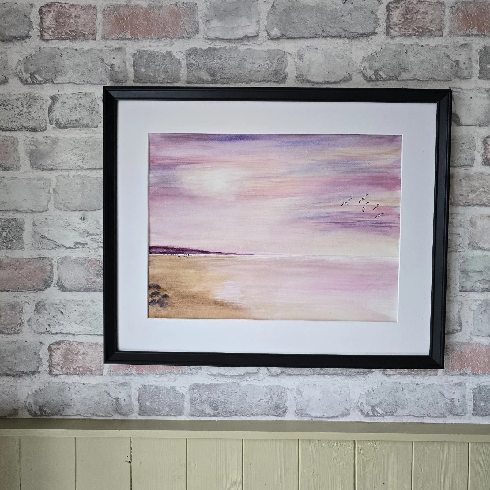 Watercolour Coastal Sunset Painting Framed Soft Shades Pink Gift thumbnail 3