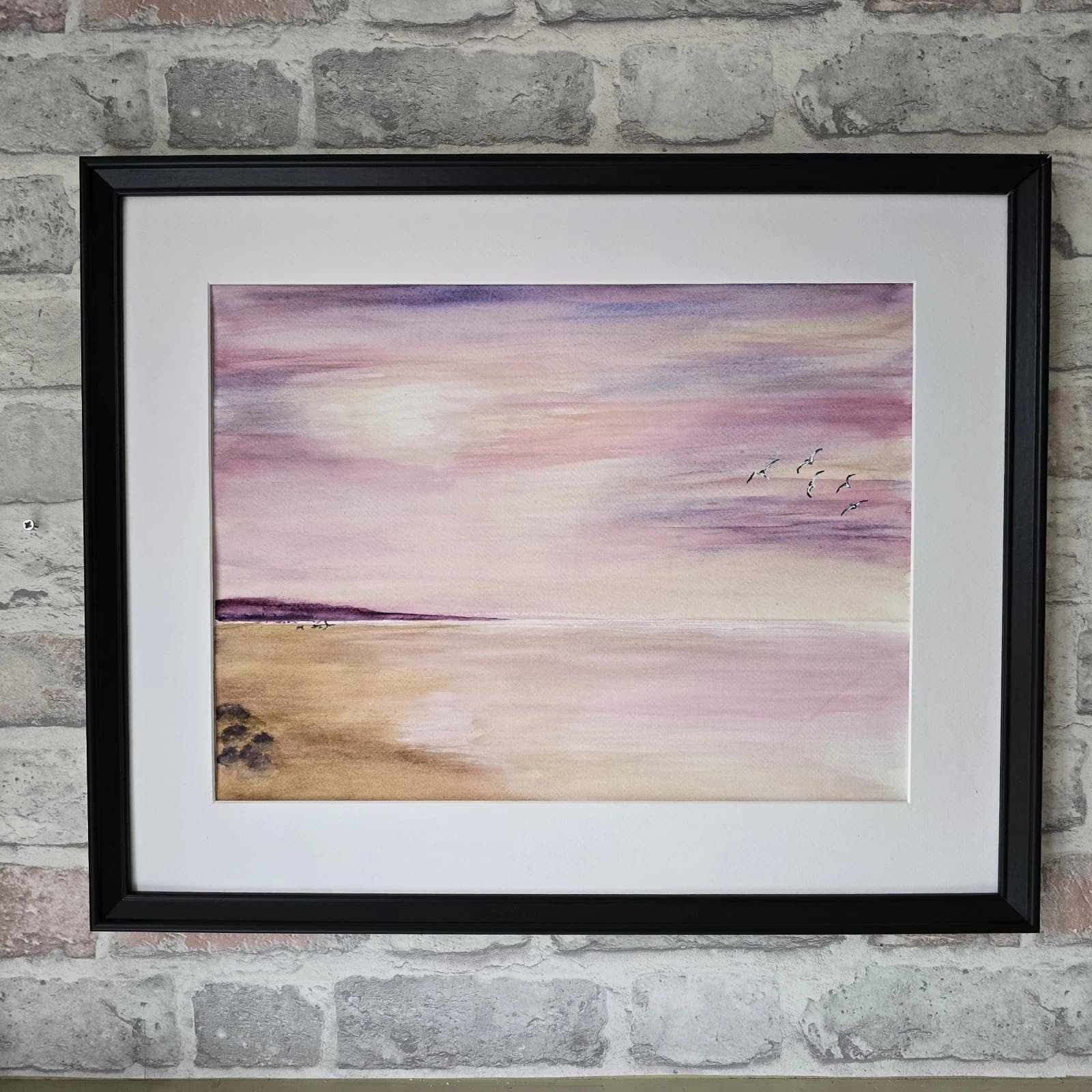 Watercolour Coastal Sunset Painting Framed Soft Shades Pink Gift thumbnail 4