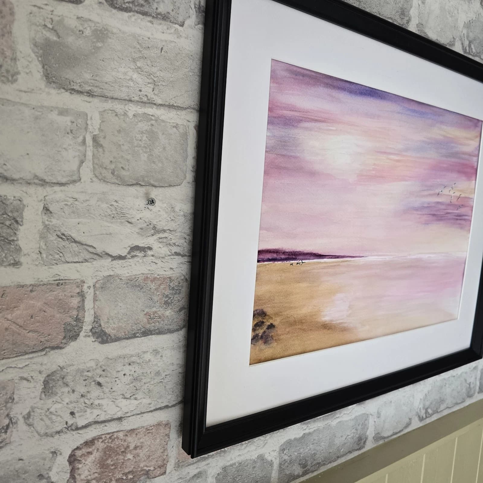 Watercolour Coastal Sunset Painting Framed Soft Shades Pink Gift thumbnail 5