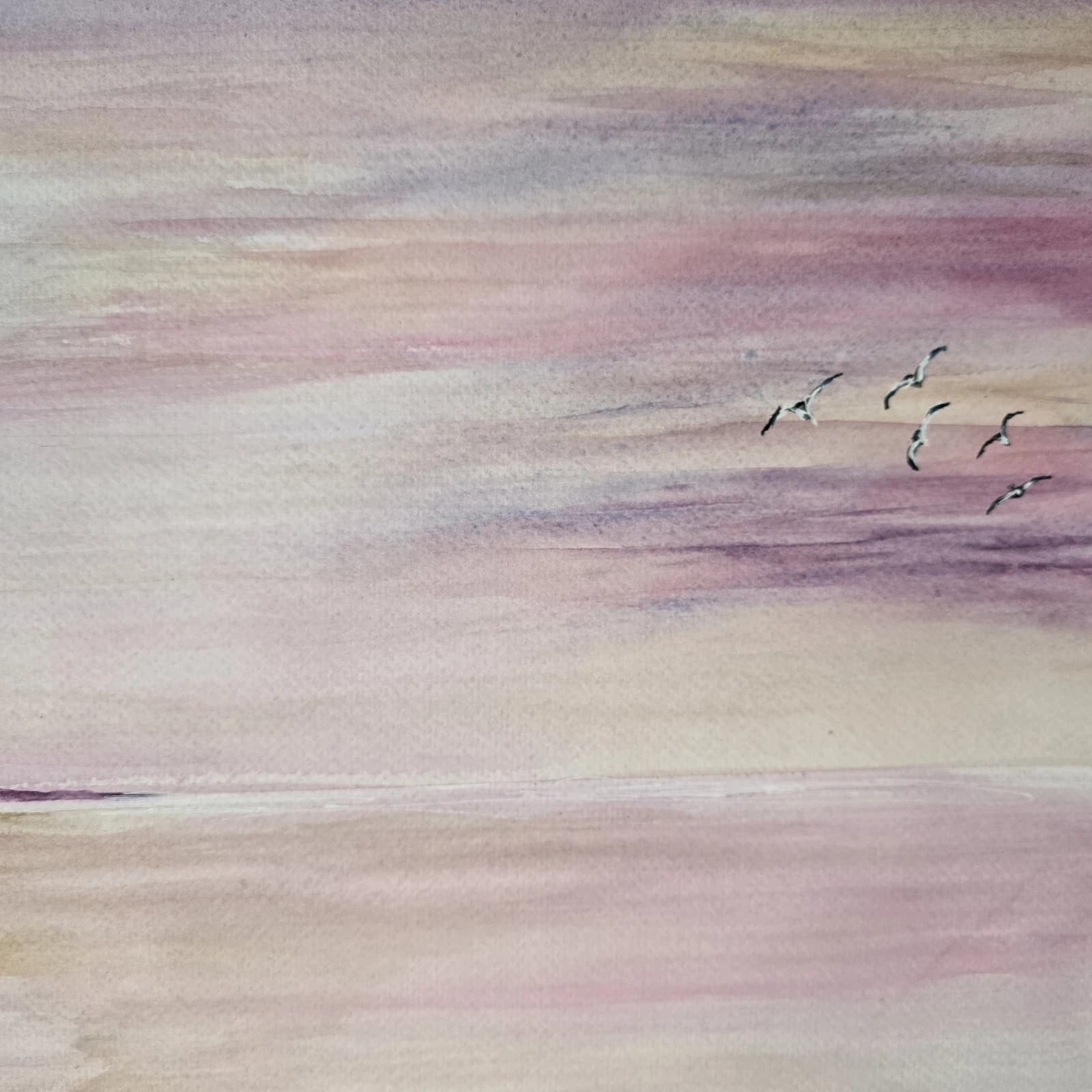 Watercolour Coastal Sunset Painting Framed Soft Shades Pink Gift thumbnail 6