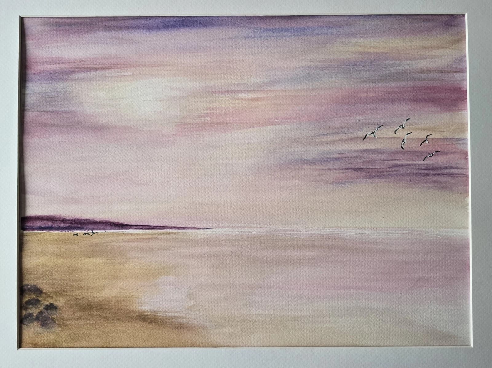Watercolour Coastal Sunset Painting Framed Soft Shades Pink Gift thumbnail 8