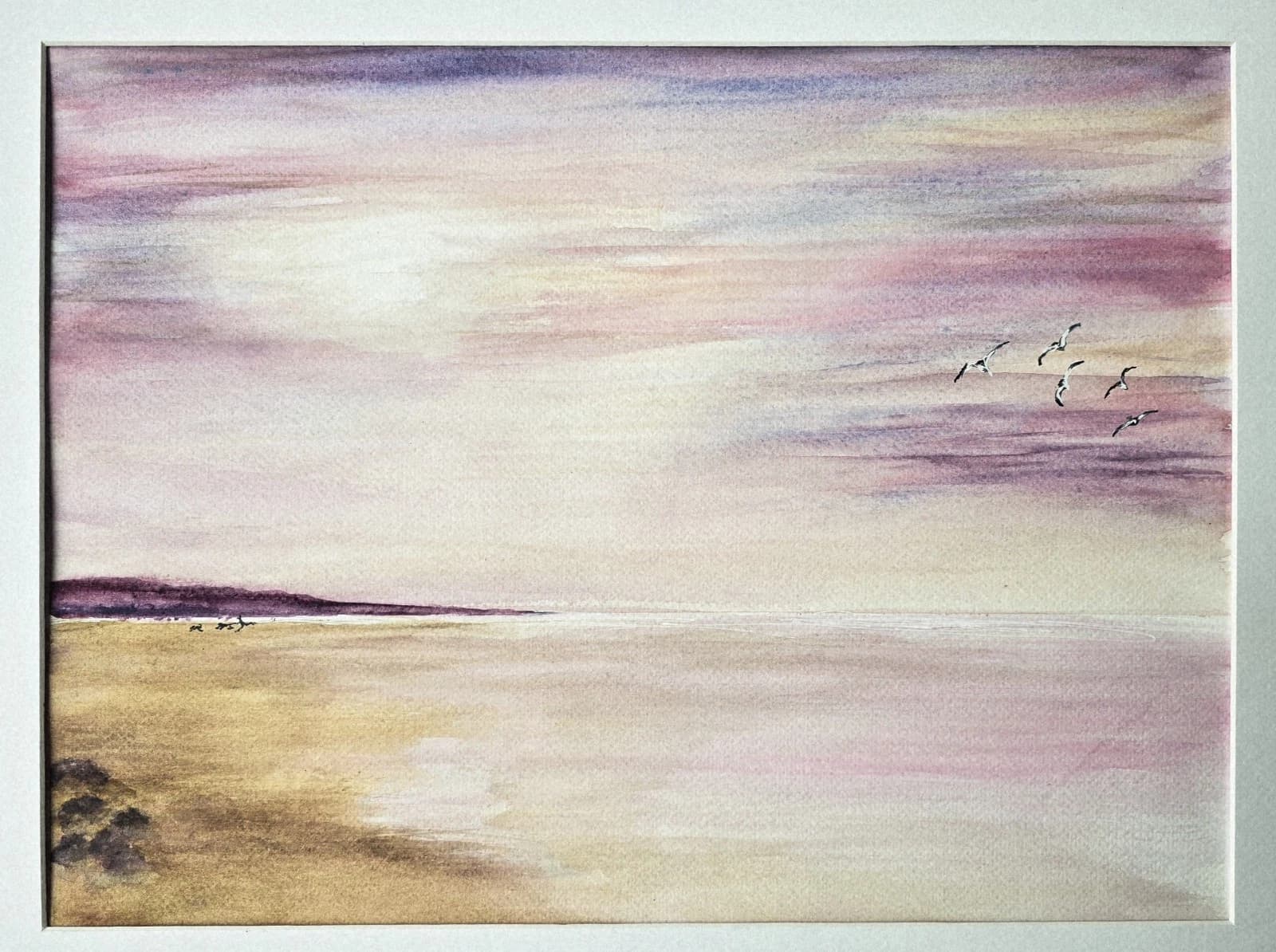Watercolour Coastal Sunset Painting Framed Soft Shades Pink Gift thumbnail 9