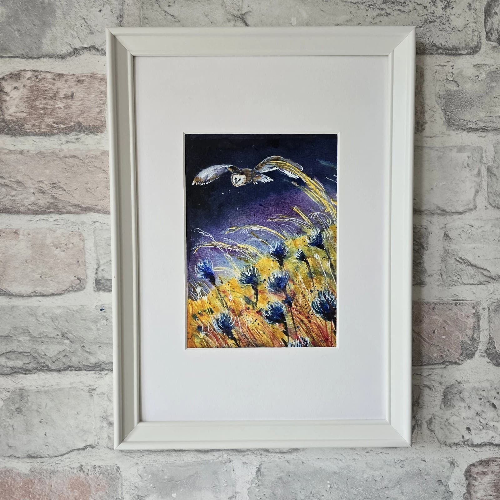 Watercolour Painting Barn Owl In Flight Cornflowers Framed thumbnail 2