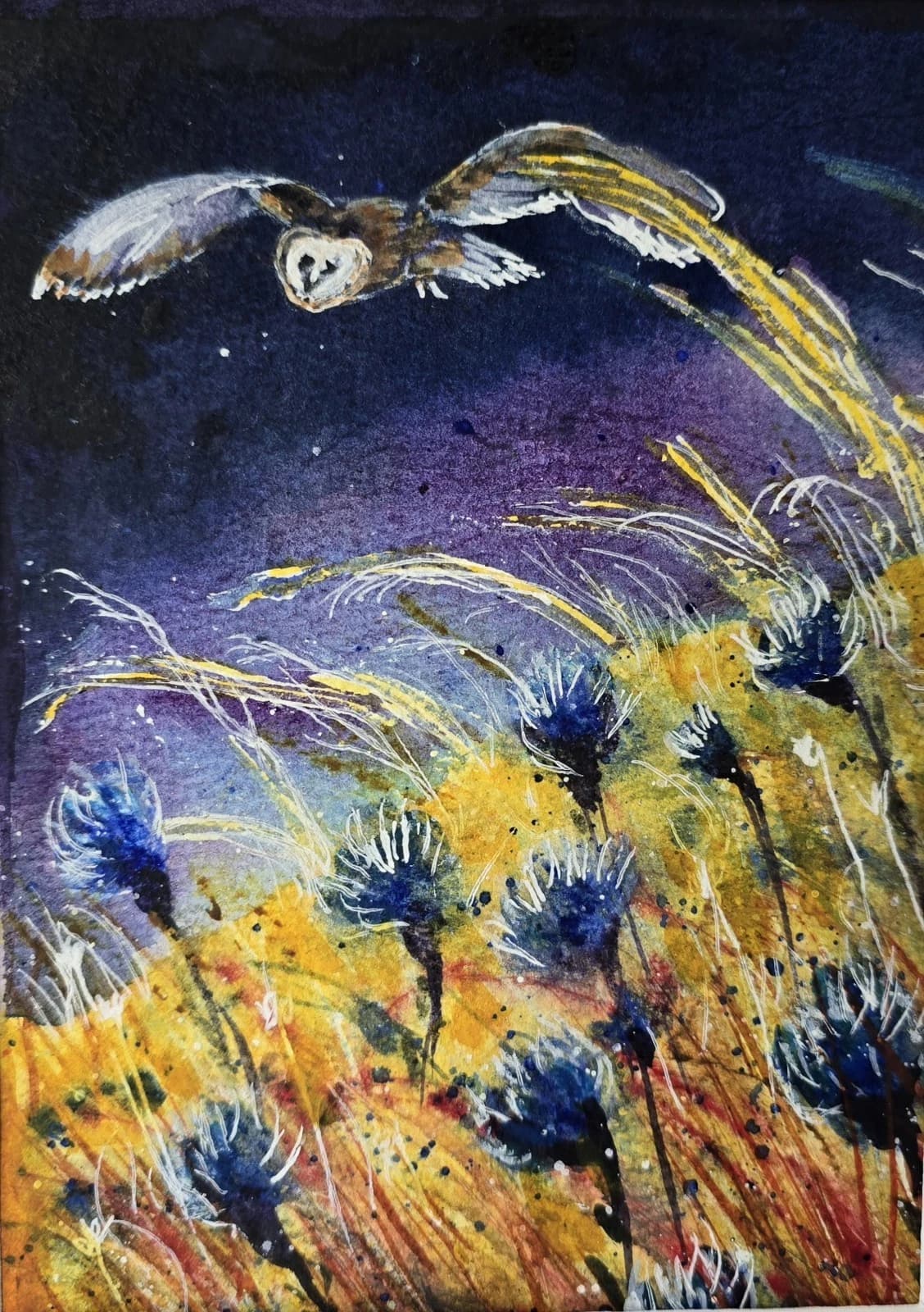 Watercolour Painting Barn Owl In Flight Cornflowers Framed thumbnail 11
