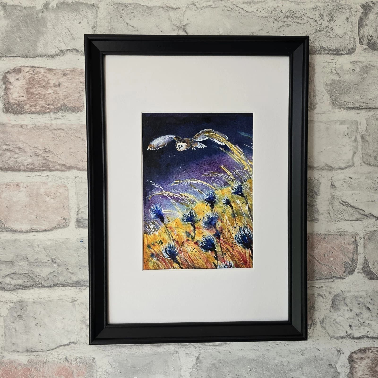 Watercolour Painting Barn Owl In Flight Cornflowers Framed thumbnail 3