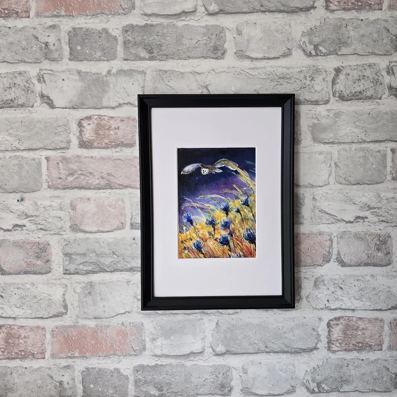 Watercolour Painting Barn Owl In Flight Cornflowers Framed thumbnail 4