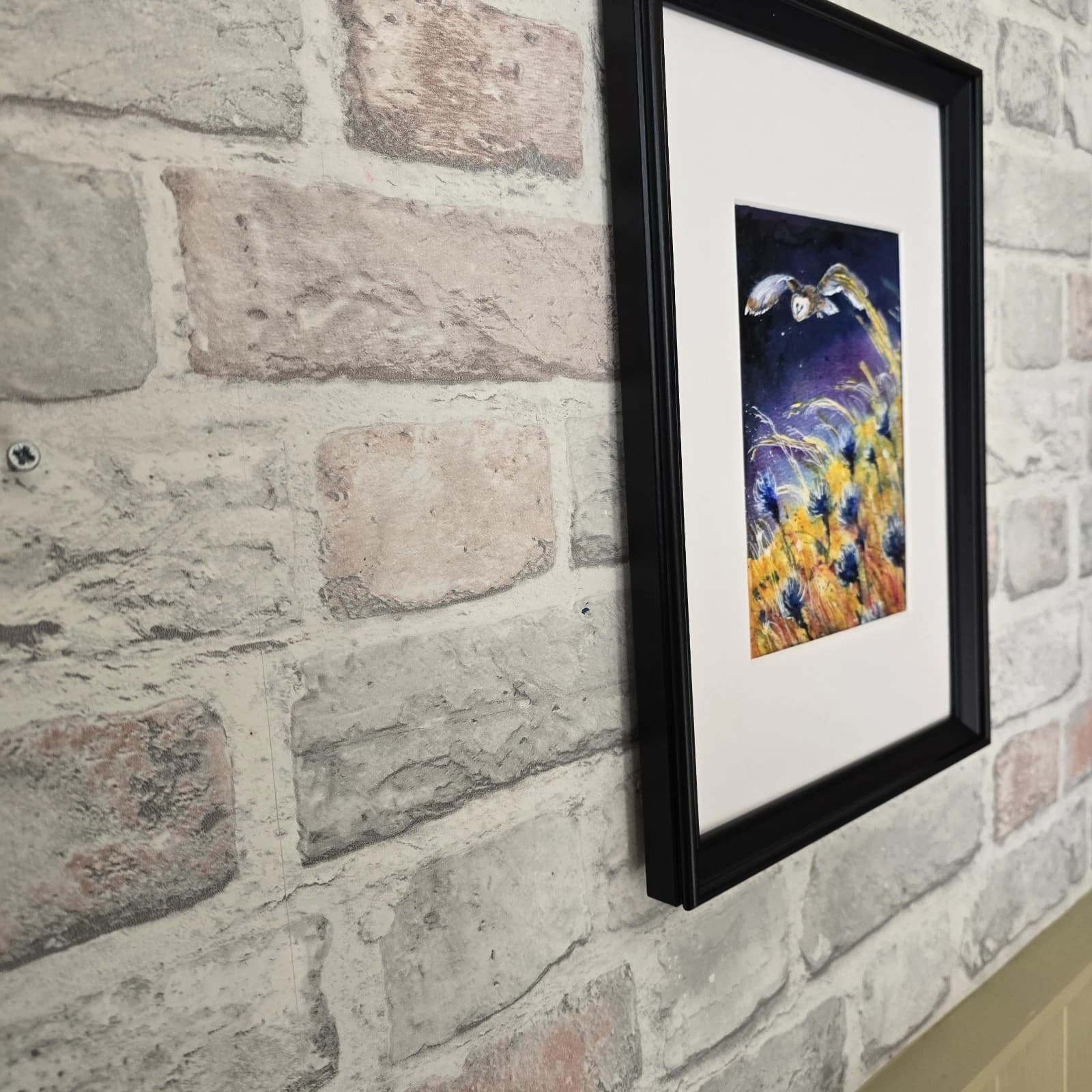 Watercolour Painting Barn Owl In Flight Cornflowers Framed thumbnail 5