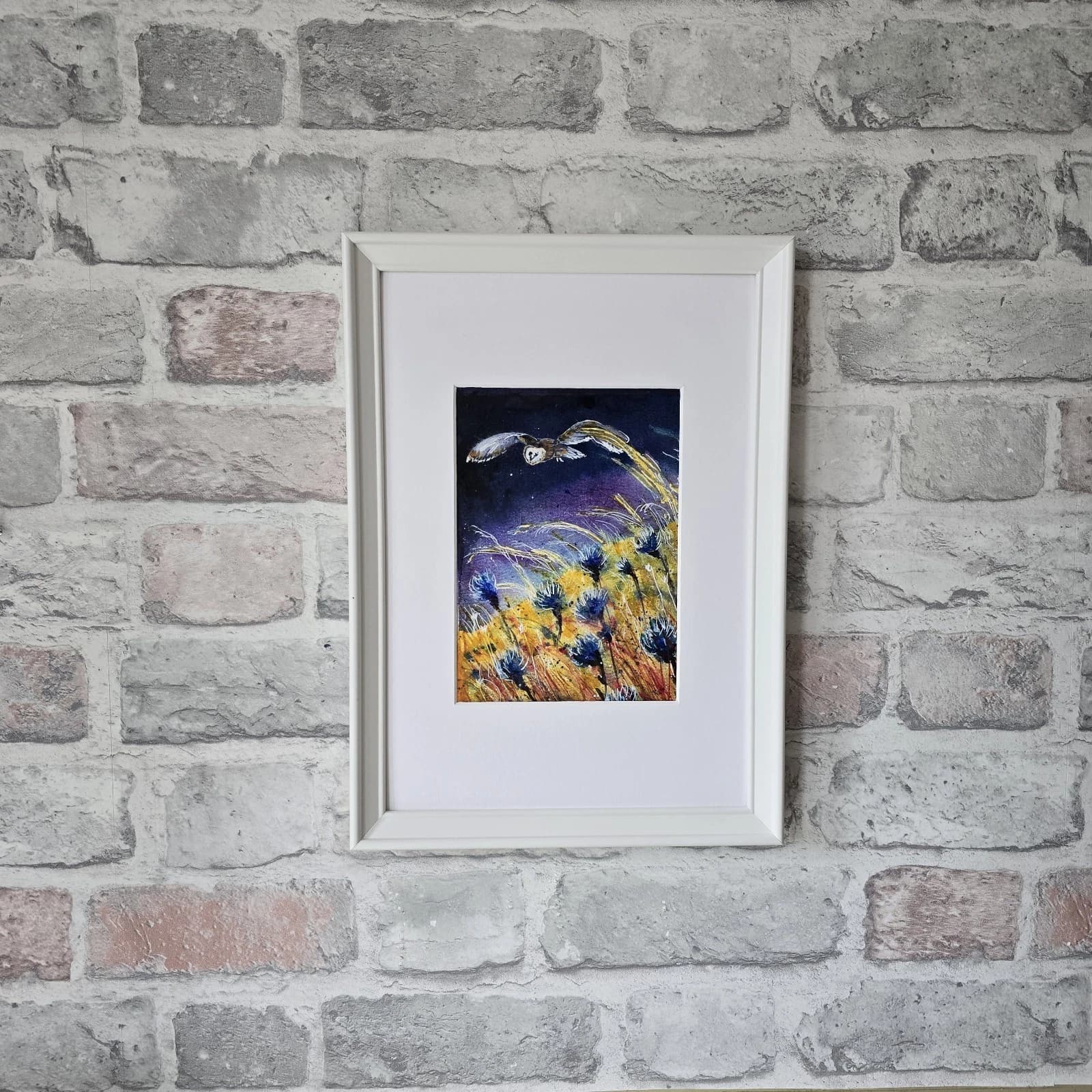 Watercolour Painting Barn Owl In Flight Cornflowers Framed thumbnail 6