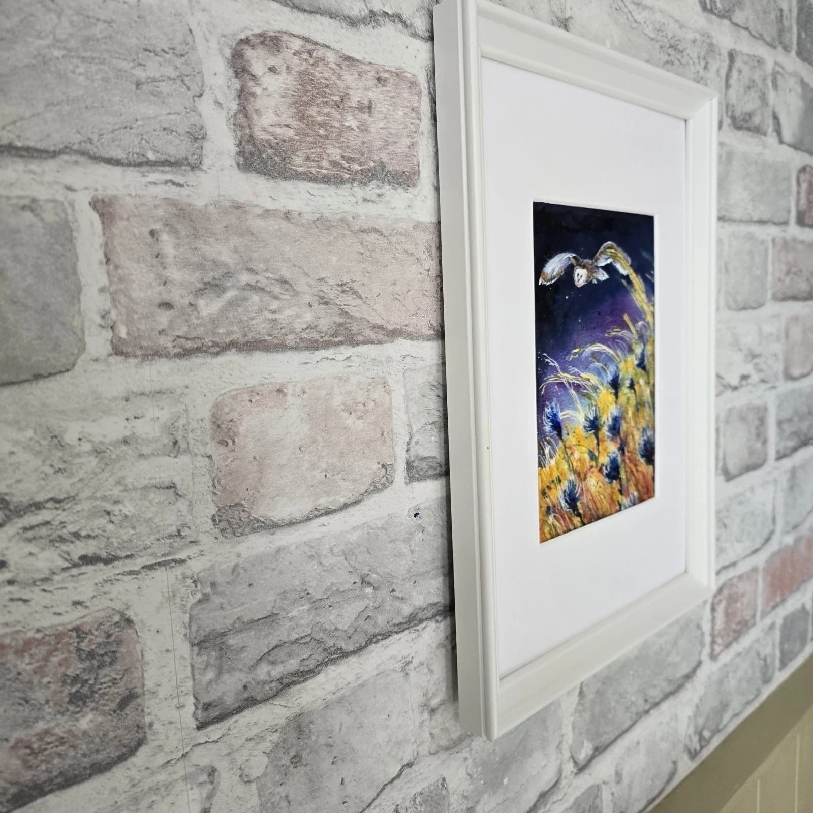 Watercolour Painting Barn Owl In Flight Cornflowers Framed thumbnail 7