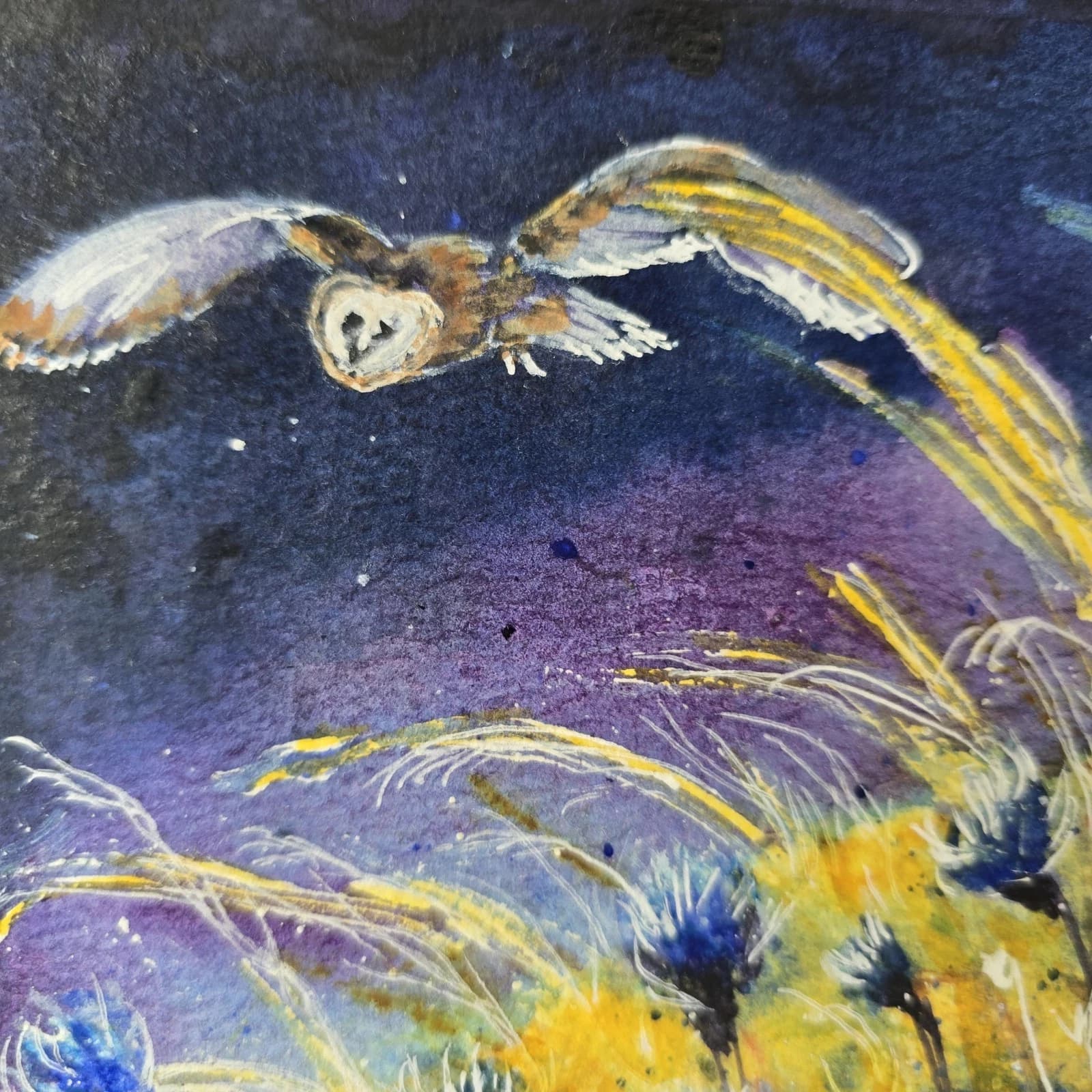 Watercolour Painting Barn Owl In Flight Cornflowers Framed thumbnail 8