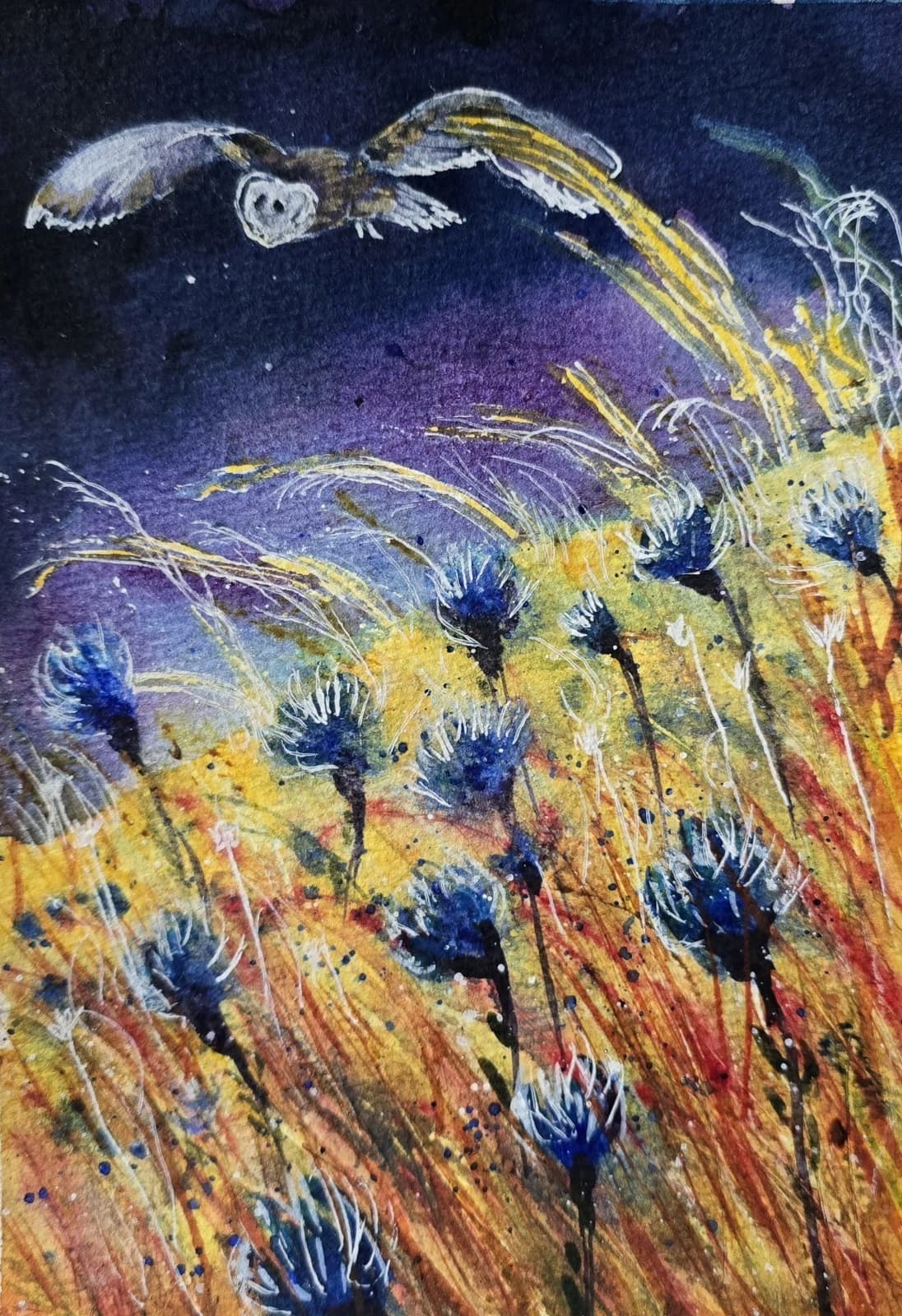 Watercolour Painting Barn Owl In Flight Cornflowers Framed thumbnail 9