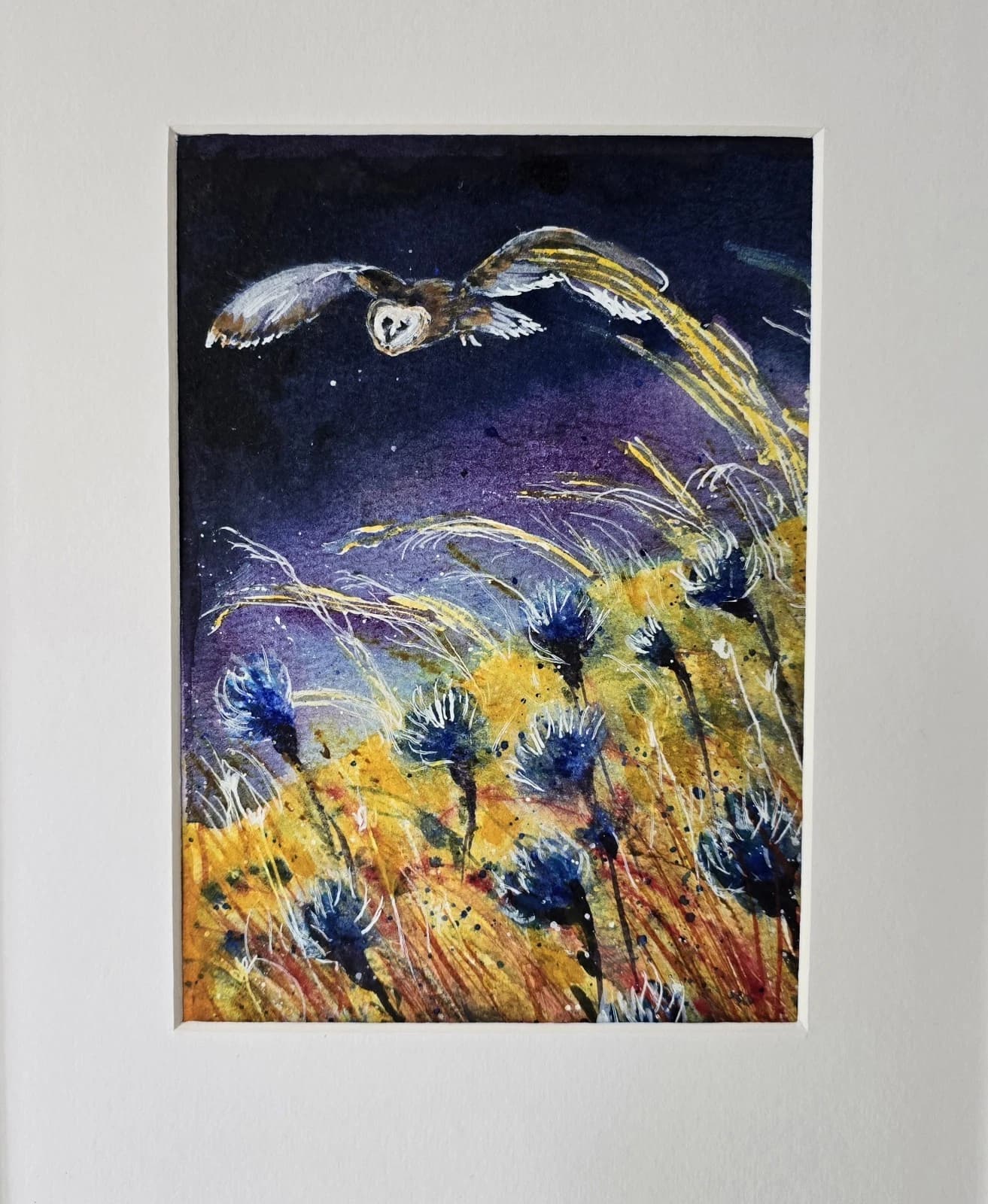 Watercolour Painting Barn Owl In Flight Cornflowers Framed thumbnail 10