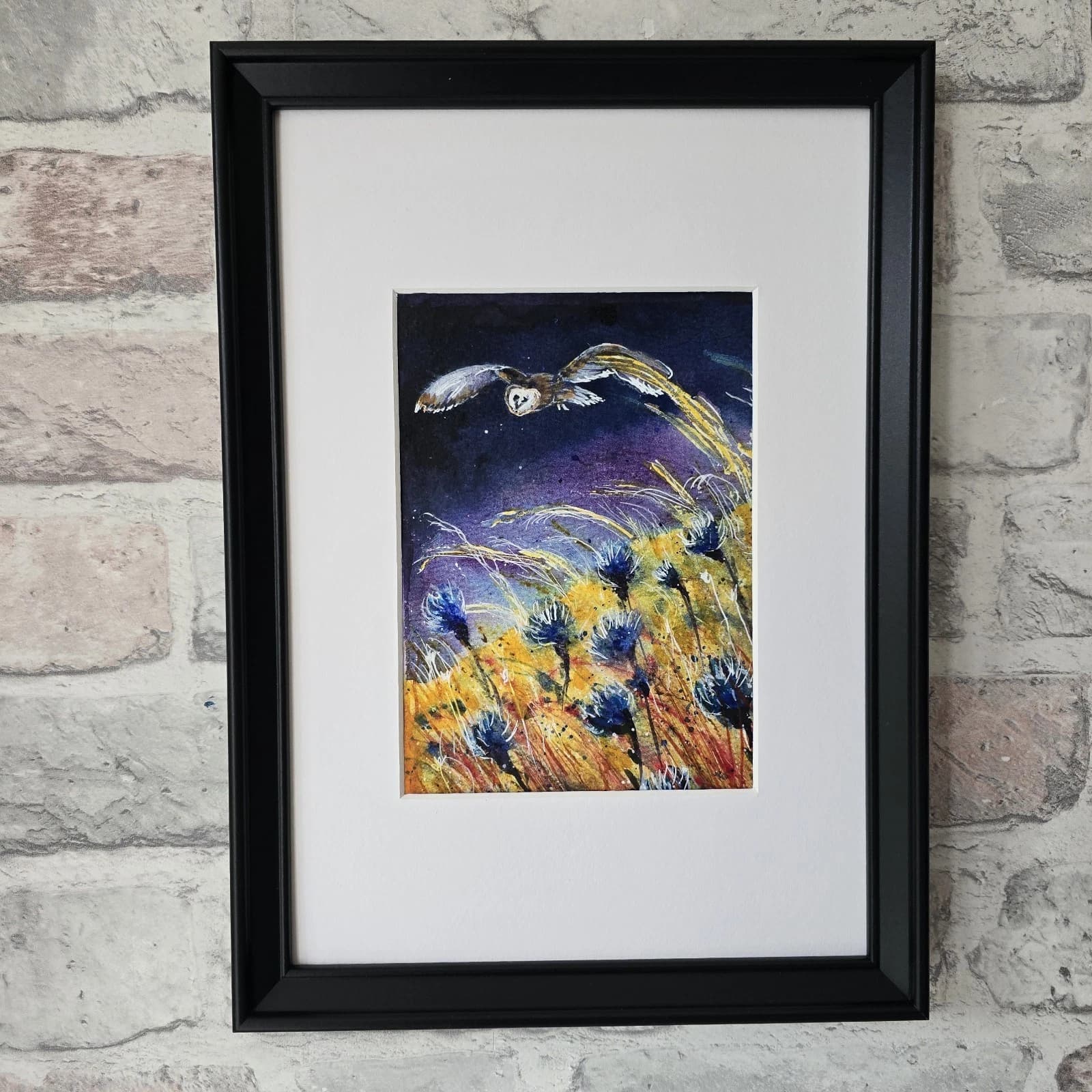 Watercolour Painting Barn Owl In Flight Cornflowers Framed