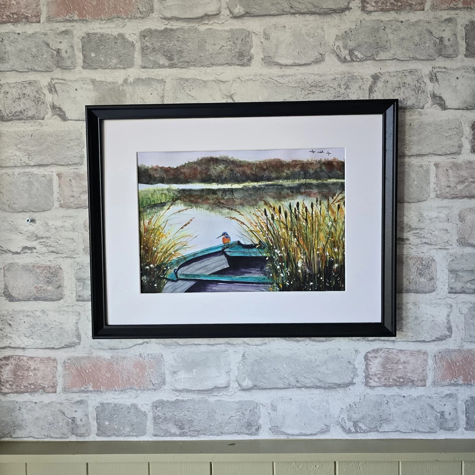 Watercolour Painting Boat Kingfisher Reeds Bullrushes Lake Framed thumbnail 2